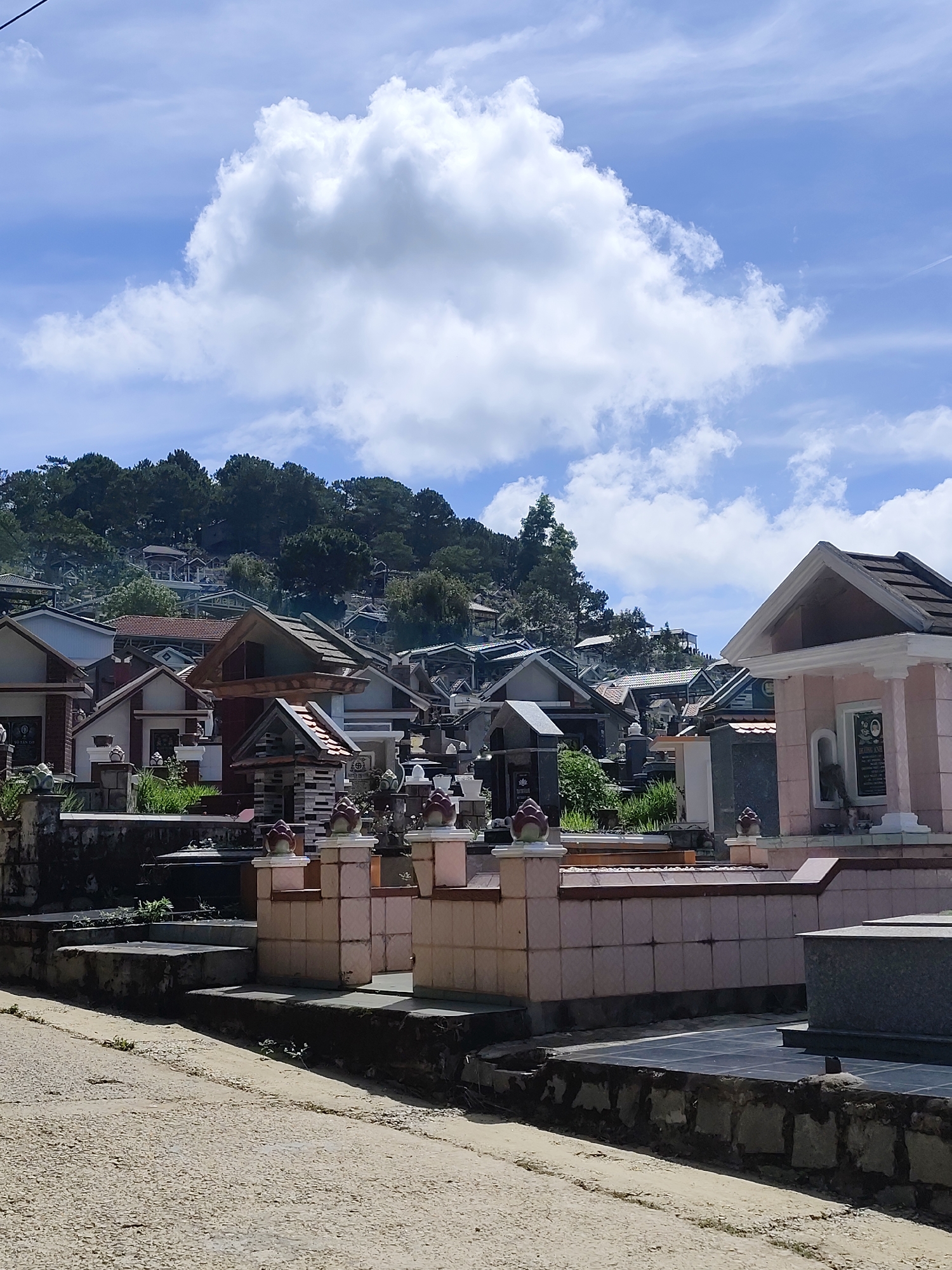 The image depicts a cemetery in Lâm Viên - Đà Lạt, Vietnam. Tombs and mausoleums of varying sizes and styles populate the scene, many constructed with tiled roofs and pink or gray stone. A hillside covered with dense green trees rises behind the cemetery. The sky is blue with large, white cumulus clouds. A cracked asphalt road is visible in the foreground. No people are visible.