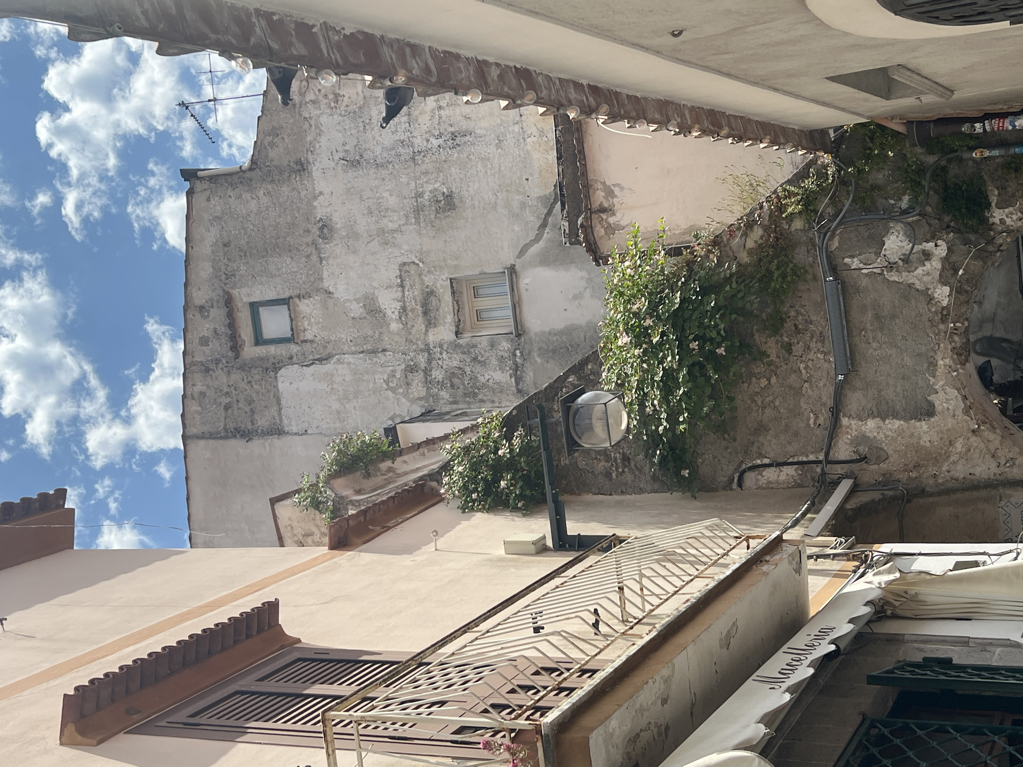 This is a vertical, eye-level, medium shot of a narrow street in Ravello, Italy. The street is flanked by weathered buildings, one with a light pink facade and a balcony with a white railing. The other building on the right has a terracotta tiled roofline with decorative lights and a rough, aged facade. Lush green vines with small pink flowers grow up the side of the building on the left, partially obscuring a circular outdoor light fixture and a grey electrical conduit. Another building, taller and with a more dilapidated facade, rises in the background, featuring two windows, one small and square with a dark green frame, and another larger, rectangular window with light-colored shutters. A satellite dish is visible on the roof of this background building, and two dark-colored birds are perched on the terracotta roof tiles in the foreground. The sky above is a bright blue with scattered white clouds. In the lower left corner, the awning of a shop with the word "Macelleria" is visible.