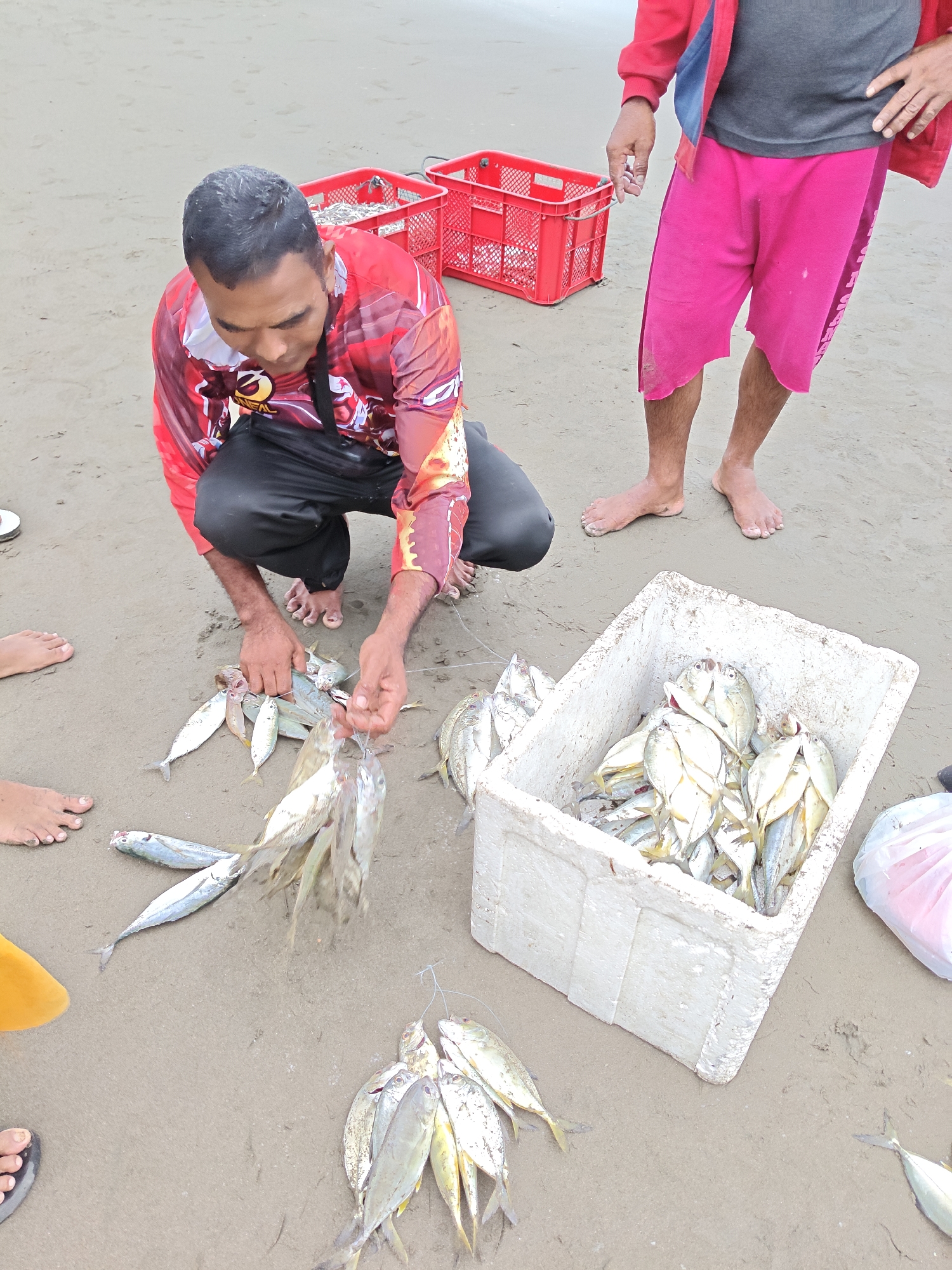In Curehtunong, Indonesia, on a sandy beach, a man in a red patterned long-sleeved shirt and black pants crouches, holding a string of freshly caught fish. Beside him, a cooler box overflows with more fish. In the background, two red plastic crates sit on the sand. Another person, wearing a grey t-shirt and bright pink shorts, stands near the crates. The scene suggests a fishing activity or the sale of fish on the beach.