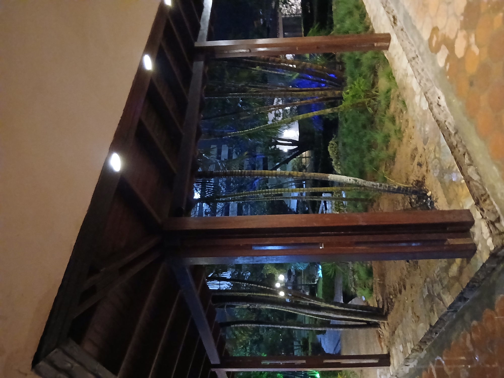 A covered outdoor walkway with a wooden roof supported by thick wooden beams. The walkway overlooks a garden area with several tall, thin trees that appear to be palm trees. In the background, there are lights illuminating the garden, one of which casts a blue glow. The ground in the walkway is paved with stones, and there is water on the surface, suggesting it may have recently rained. The scene appears to be at night, indicated by the artificial lighting and the dark sky. There are no people visible in the image. The location is identified as Playa El Agua, Venezuela.