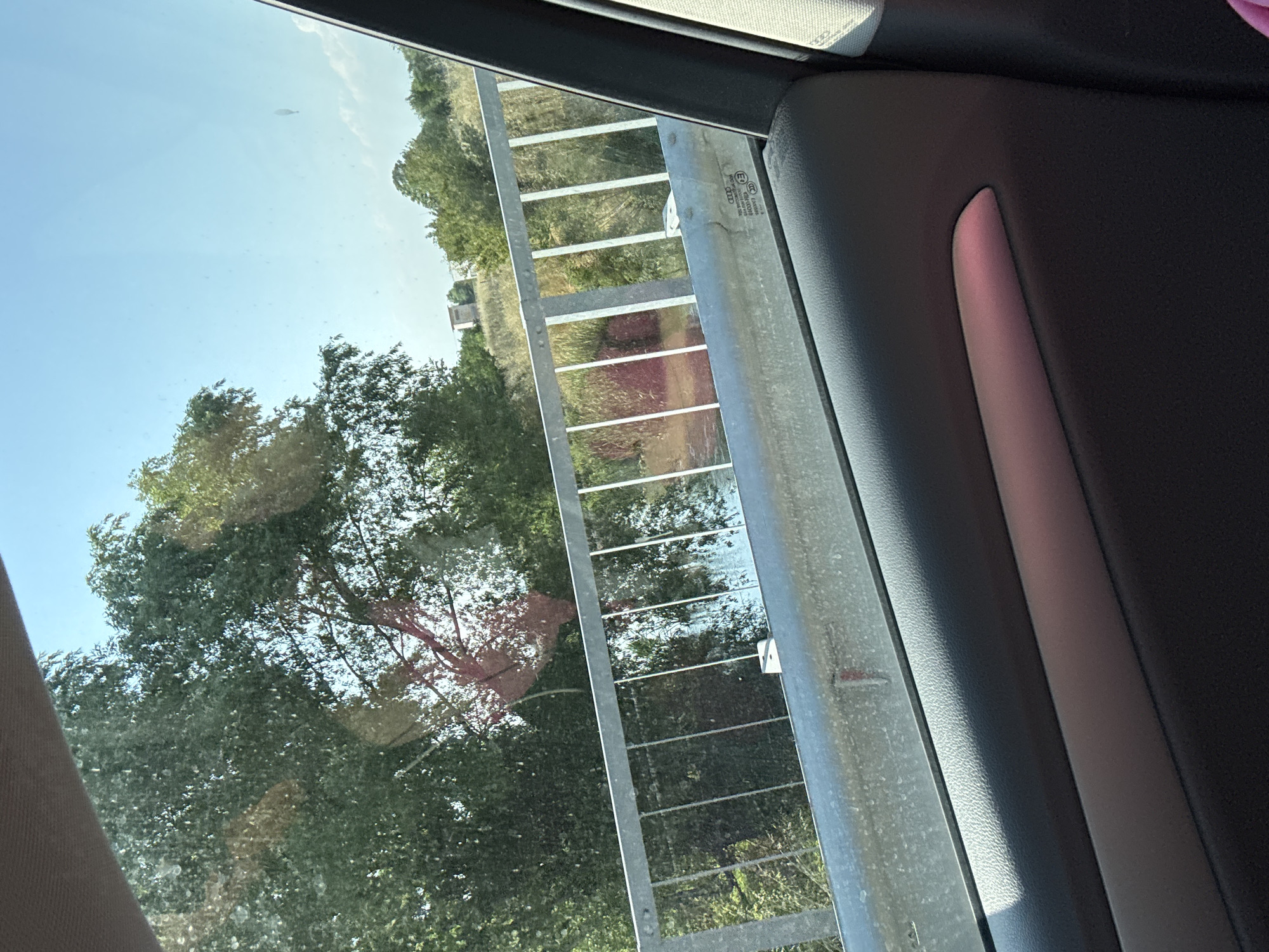 The image captures a view from the interior of an Audi vehicle, likely in Rakovski, Bulgaria, looking out the passenger-side window on a clear, sunny day. The upper left segment of the frame shows the vehicle's light-colored headliner. The lower portion of the image reveals a dark gray, textured car door panel featuring a horizontal trim element that appears reddish-pink due to light reflection. A sticker displaying "Audi" and "E" marks is affixed to the window glass above the door panel.
Beyond the window, a galvanized metal guardrail, characteristic of a bridge or roadside barrier, spans horizontally across the middle of the scene. It comprises a thick top rail and multiple vertical posts. Beneath the guardrail, a body of water, likely a river or canal, reflects the bright sky and surrounding vegetation. The window glass is marked with numerous small, light-colored particles, possibly dust or pollen, and several indistinct light reflections.
The background features dense green trees and foliage dominating the left and central areas. To the right, drier, yellowish-brown grasses and bushes are present. Further in the distance, on a slight rise, a small, light-colored, rectangular building with a dark roof, resembling a utility shed or blind, is visible. The sky above is a clear blue with a few faint white clouds towards the horizon. A faint, dark, elongated object is indistinctly present high in the sky in the upper right quadrant. No individuals are depicted in the scene.