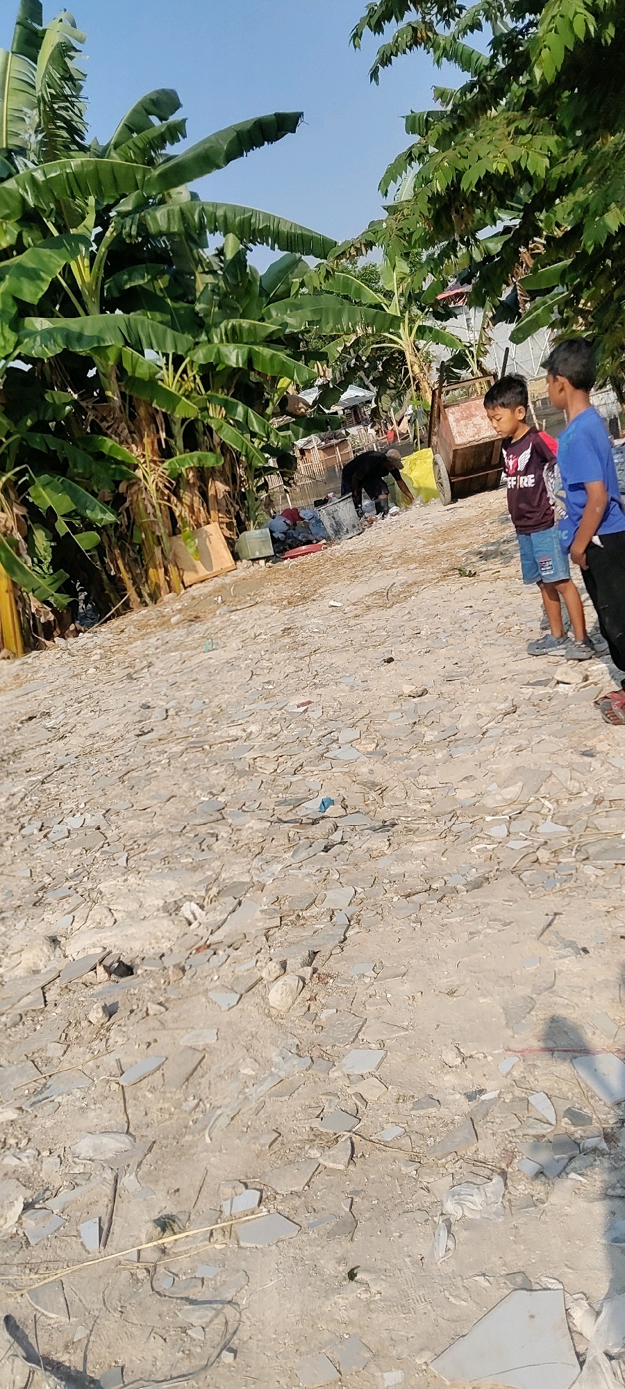 In Mekarmukti, Indonesia, two young boys stand on a debris-strewn path under a clear sky. They are positioned near a cluster of banana trees, their large leaves creating a backdrop of lush green. To the left of the frame, the ground is covered in fragmented pieces of what appears to be broken tiles or concrete, interspersed with dirt and dried vegetation. In the background, beyond the trees and debris, there are glimpses of simple structures, a weathered pushcart, and a person bent over, appearing to sort through discarded items. The sunlight casts shadows, indicating it is likely late afternoon. The scene suggests a lived-in environment, possibly on the outskirts of a village or settlement, where discarded materials are part of the everyday landscape.