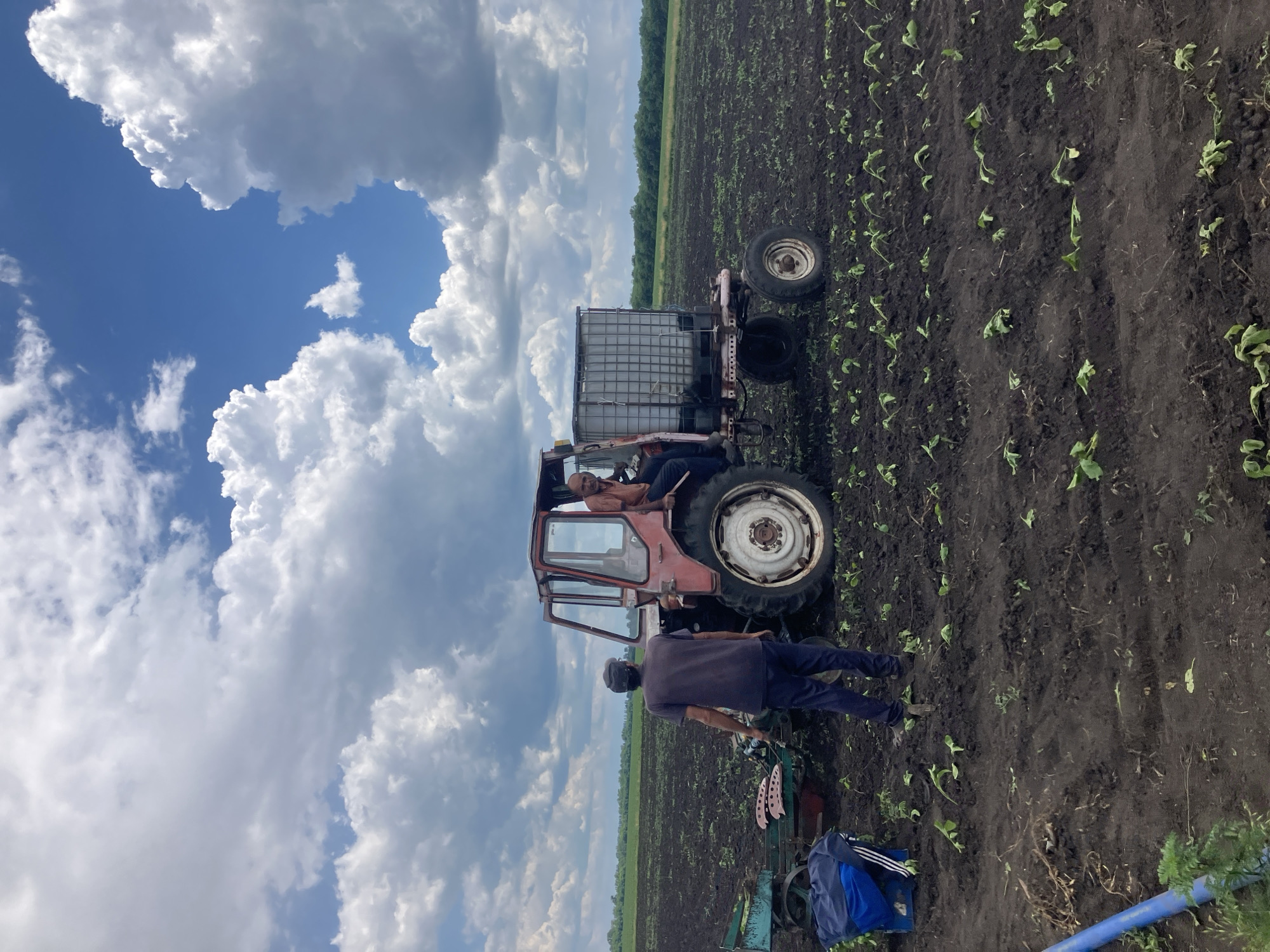 In Berdianka, Ukraine, a red tractor is parked in a field of dark, freshly tilled soil with small green plants emerging. Two men are present. One man, wearing a dark t-shirt and pants, stands facing away from the camera, near a piece of agricultural equipment attached to the tractor. Another man sits in the tractor's cab, wearing an orange shirt. A large, white, caged water tank is mounted on the rear of the tractor. The sky above is partly cloudy with a mix of blue sky and white cumulus clouds. In the foreground, a blue bag with white stripes and some green foliage are visible on the left side of the image.