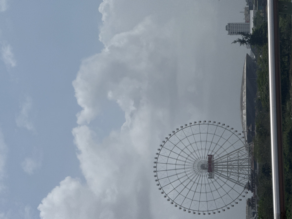 An exterior, eye-level daytime shot captures a panoramic view of the Sun World Da Nang Wonders complex and surrounding urban landscape in Ngũ Hành Sơn Ward, Da Nang, Vietnam, under a partly cloudy sky. The dominant feature is a large, white Ferris wheel, identified by "SUNWORLD" in red text on its central hub. The wheel exhibits a complex radial spoke structure and approximately 64 passenger gondolas. To the right of the Ferris wheel's base, a large, dark-colored, elliptical, dome-shaped building is prominent. Smaller structures with traditional Vietnamese architectural elements, including tiered, curved roofs, are partially visible at the base of the Ferris wheel, obscured by green foliage. In the far right background, a tall, light-colored, multi-story rectangular building is visible against the horizon. The immediate foreground features a silver-colored metal railing, consisting of two horizontal bars. A dense band of green trees and shrubs occupies the mid-ground, separating the foreground railing from the major structures. The sky is largely covered by a mix of light and dark grey cumulus clouds, with some patches of lighter blue visible in the upper portion of the frame. No individuals, specific actions, or interactions are discernible within the scene.