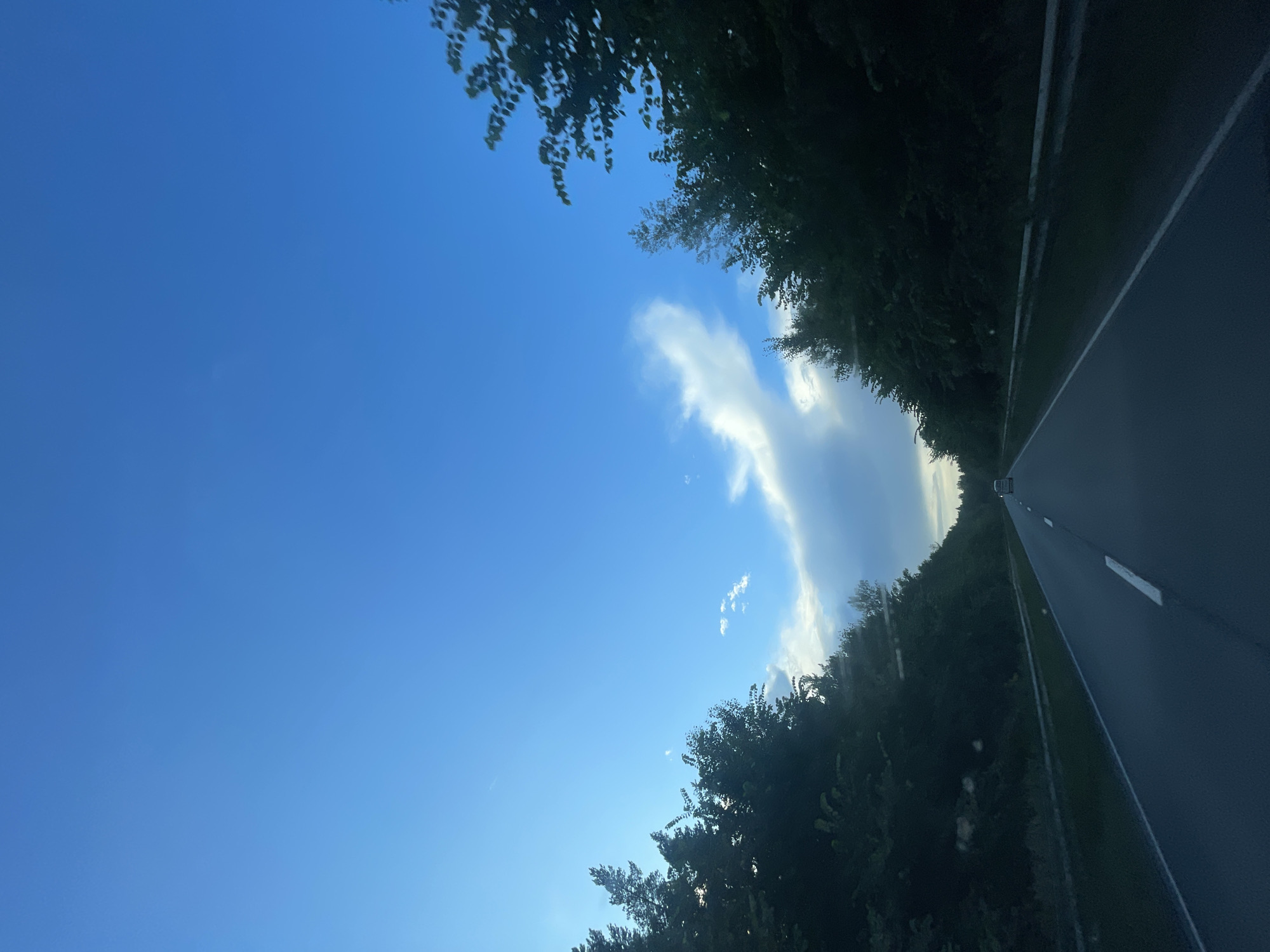 The image shows a road going through a forest with a bright blue sky. The road has white lines marking the lanes. There are trees on both sides of the road, and they are very dense. There is a white van in the distance driving on the road. The sky is clear and blue with some white clouds. The image was taken from a moving vehicle. The location is the city of Niva, Russia.