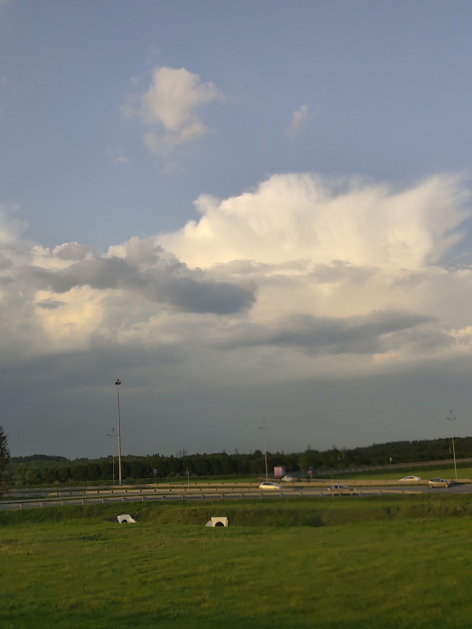 The image shows a section of highway in Plishki, Russia. A green field occupies the foreground. Beyond the field is a highway with multiple cars. A line of trees borders the highway. Overhead, a partly cloudy sky dominates the scene. Streetlights are positioned along the highway.