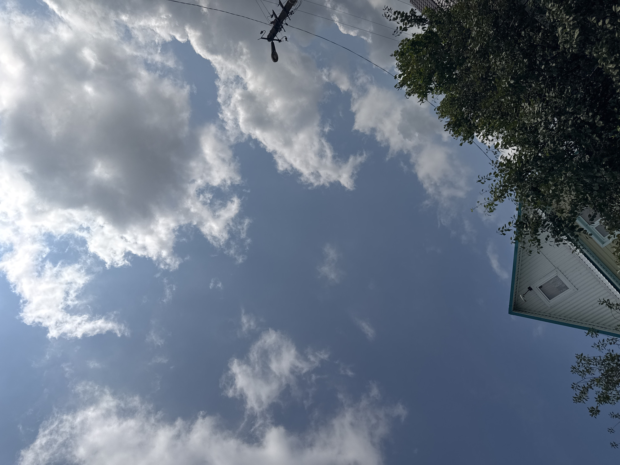 The image captures a skyward view on a partly cloudy day, with the sun visible through breaks in the clouds. In the lower right portion of the frame, a portion of a tall, dark green leafy tree is prominent, partially obscuring a utility pole with a streetlamp attached. Further to the left, the roofline of a light-colored building with a teal trim is visible. The scene is consistent with an outdoor environment in a residential area.