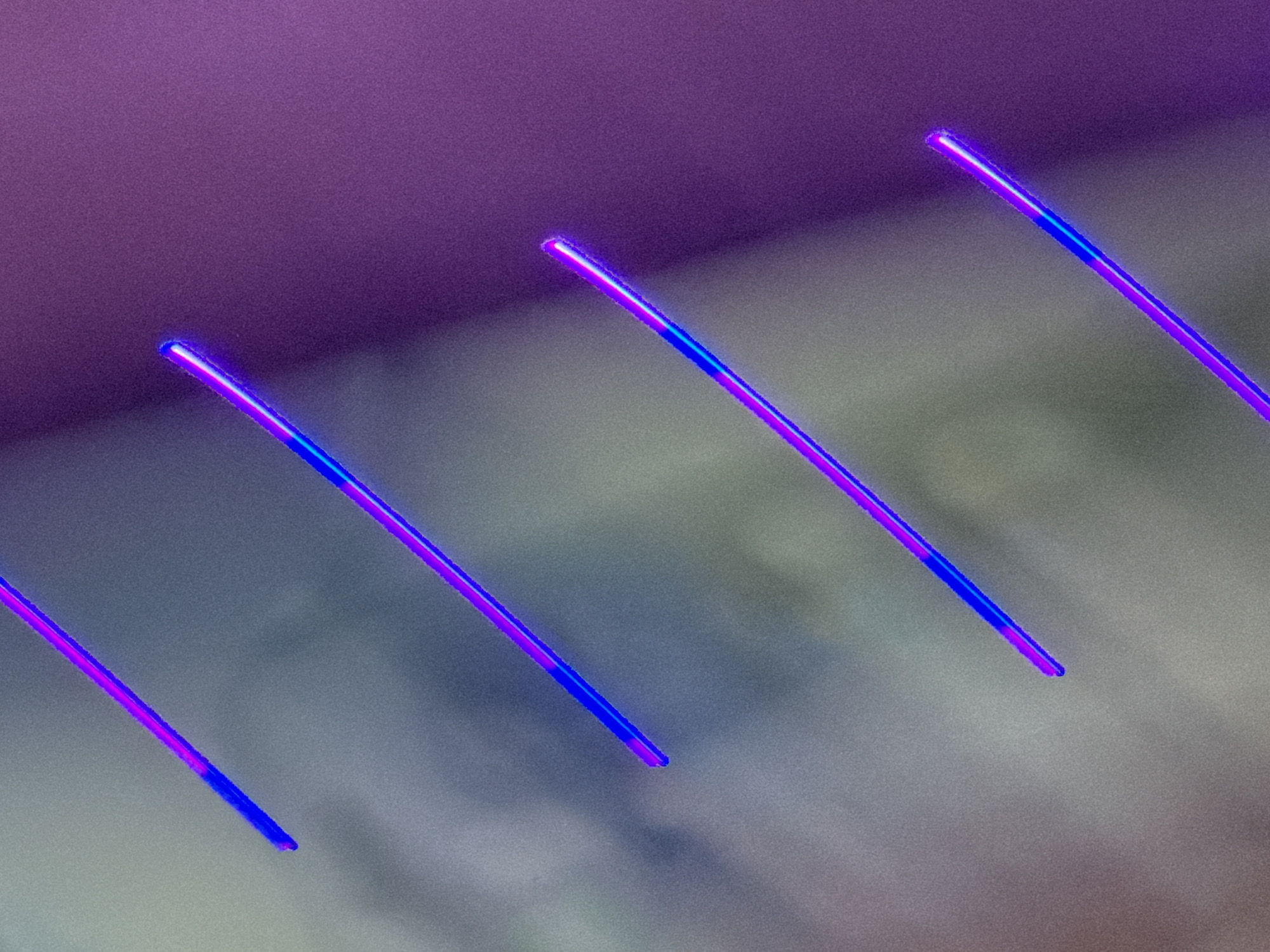 The image displays a close-up, abstract view of four thin, glowing purple and blue light strips against a blurred background. The light strips are angled diagonally across the frame from the bottom right to the top left. They appear to be illuminated tubes or rods, emitting a vibrant light that transitions from blue at the ends to purple along their length. The background is divided into two distinct areas: a grey, textured area on the left, and a solid, darker purple area on the right. The overall impression is one of minimalist, modern lighting or art installation. There are no identifiable people, specific landmarks, or environmental cues that would allow for the determination of a location in Bangkok, Thailand.