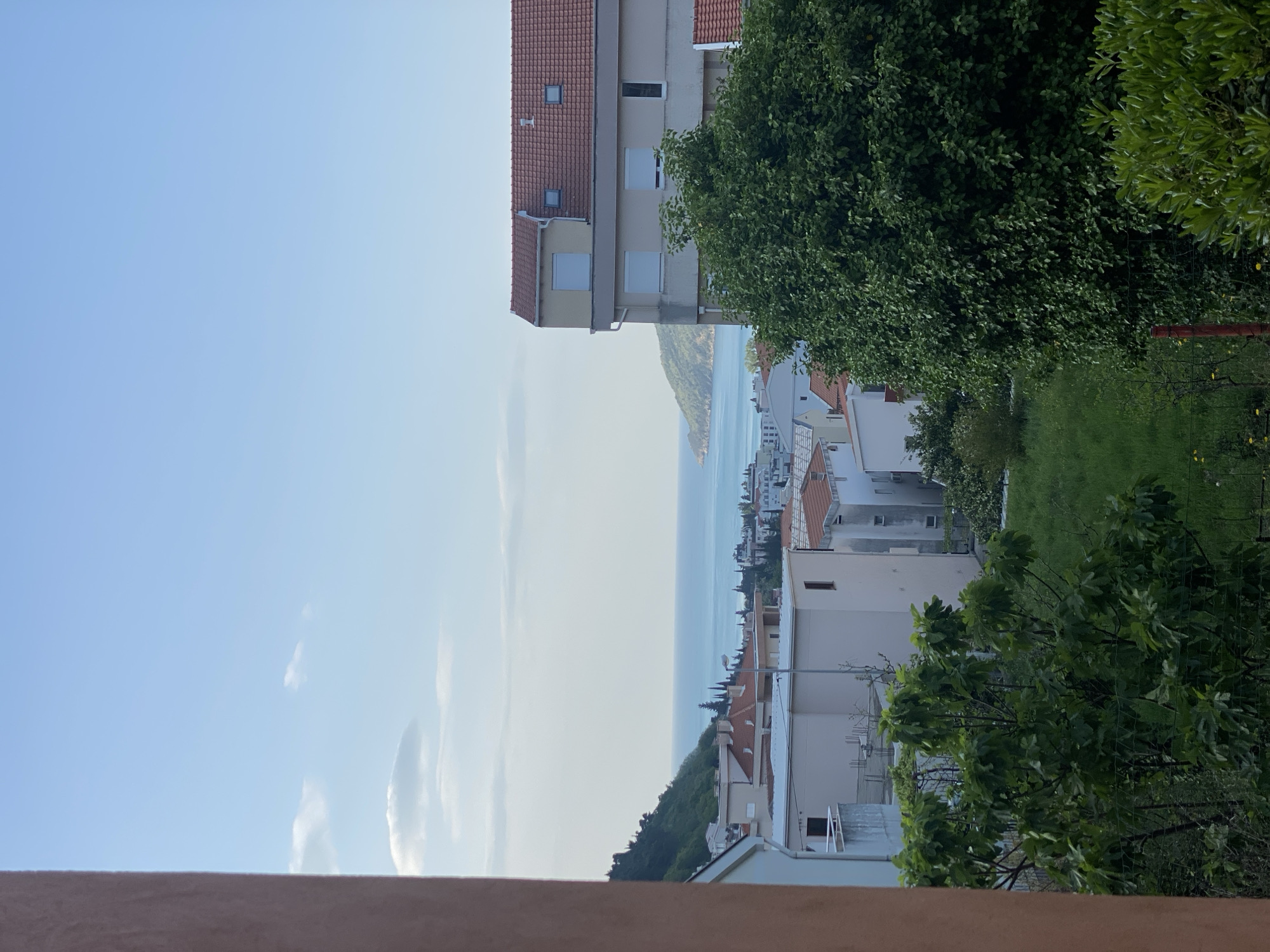 The image captures a serene coastal landscape, likely Budva, Montenegro, from a raised perspective such as a balcony or terrace, indicated by a reddish-brown wall in the foreground. The scene is dominated by a clear, light blue sky spanning across the upper left, featuring a few subtle, wispy white clouds.
In the middle distance, a calm body of water, presumably the Adriatic Sea, stretches horizontally, its surface reflecting the soft light. Across the sea, a green, hilly landmass or island rises from the water, covered in lush vegetation.
On the right side of the image and extending towards the center, numerous multi-story buildings are visible, characterized by their light-colored facades and distinct red-tiled roofs. These structures appear to be residential, with visible windows and some architectural details like drainpipes. The urban elements gradually recede into the distance along the coastline.
Interspersed among the buildings and on the right side of the frame is an abundance of vibrant green foliage, including large leafy trees and areas of green grass, suggesting gardens or natural slopes. The lighting is soft and even, indicating daytime, possibly late morning or early afternoon, with no harsh shadows. No people or specific activities are visible, and there is no discernible text in the image. The overall impression is one of peaceful coastal scenery.