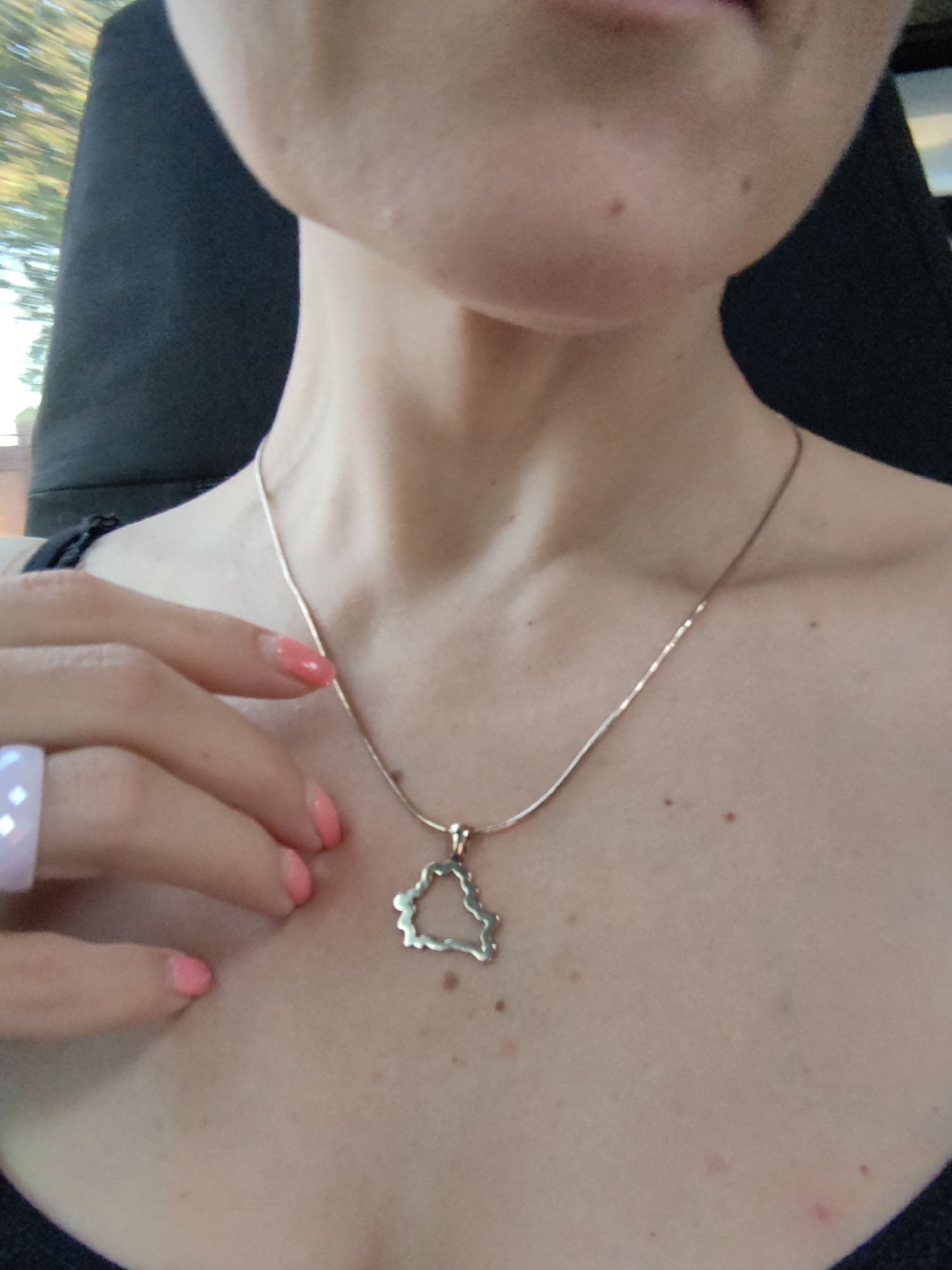 A close-up shot shows the neck and décolletage of a person wearing a delicate silver chain necklace with a silver pendant shaped like the outline of Belarus. The person has light skin with a few small moles. Their hand, with brightly painted coral-pink fingernails and a light purple faceted ring, is resting near their collarbone. The background is blurred and appears to be outdoors with hints of green foliage and bright light, suggesting a daytime setting. There is no specific indication of the location within the city of Minsk, Belarus, other than the country's outline on the pendant.