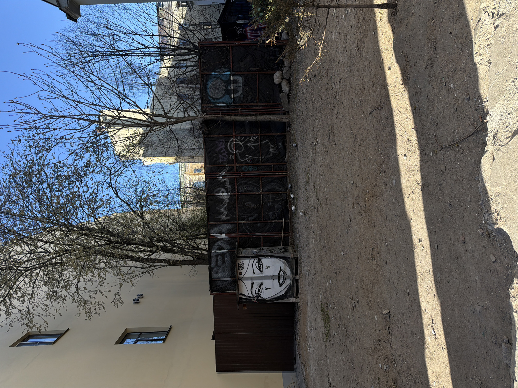 A vertical, full-shot outdoor photograph depicts a dirt-covered urban yard space located in Saint Petersburg, Russia. On the left is a multi-storied building with beige-colored walls and windows on the lower floors. A leafless tree dominates the upper left corner.
A dark brown, metal chain-link fence adorned with graffiti stretches horizontally across the middle of the frame. The fence has multiple sections. The lower section is partially obscured by a dark brown corrugated fence. A face with exaggerated features is painted on a section of the fence.
The ground to the right of the fence is covered in dirt and sparse grass. Long shadows suggest a sunny day. The sky is blue in the upper left corner.