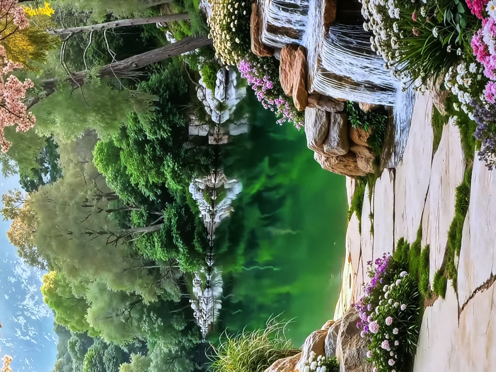 A lush, serene garden or park scene is depicted, featuring a vibrant green pond or lake, a multi-tiered waterfall, abundant trees, and various flowering plants. No people or animals are visible.
The scene is dominated by a striking emerald green body of water occupying the left and central-lower portion of the frame. The water is calm, displaying clear reflections of the surrounding trees and sky. On the right, a waterfall cascades over natural-looking, light-colored rocks into the green water below. A path made of irregular, light-colored flagstones runs along the right edge of the image, bordered by flourishing plant life.
Dense foliage from numerous trees, showcasing varying shades of green, lines the far bank of the pond. The area around the waterfall and path is richly adorned with flowering bushes and plants, displaying blossoms in white, pink, purple, and yellow. Moss and small green plants grow between the flagstones of the path and on the rocks around the waterfall.
The time of day appears to be daytime, with bright, even lighting suggesting sunny or clear weather. The overall atmosphere is one of tranquility and cultivated natural beauty. There is no visible text in the image. The location context provided for this scene is Sofiivska Borshchahivka, Ukraine.