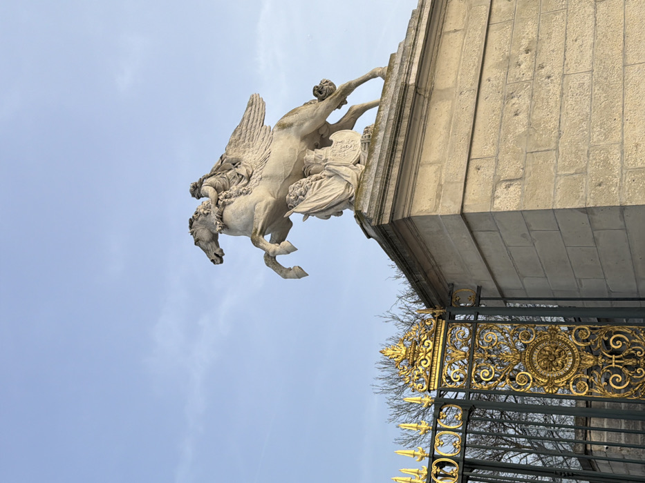 A stone statue of a winged horse, *Renommée montant Pégase* (Fame Riding Pegasus) by Antoine Coysevox, is depicted atop a tall, multi-tiered stone plinth. The horse rears on its hind legs, with a draped, winged figure mounted on its back. Below the horse, an additional draped figure appears to be positioned near the base of the plinth, possibly holding a shield or emblem. The statue is weathered, showing signs of age and exposure. To the left of the plinth, an ornate gilded iron gate, painted dark green or black, is partially visible. The gate features intricate scrollwork, rosettes, and pointed finials along its top edge. In the background, beyond the gate, bare tree branches are visible against a clear, light blue sky with minimal cloud cover. The scene is located at the entrance to the Tuileries Garden from the Place de la Concorde, Paris, France.