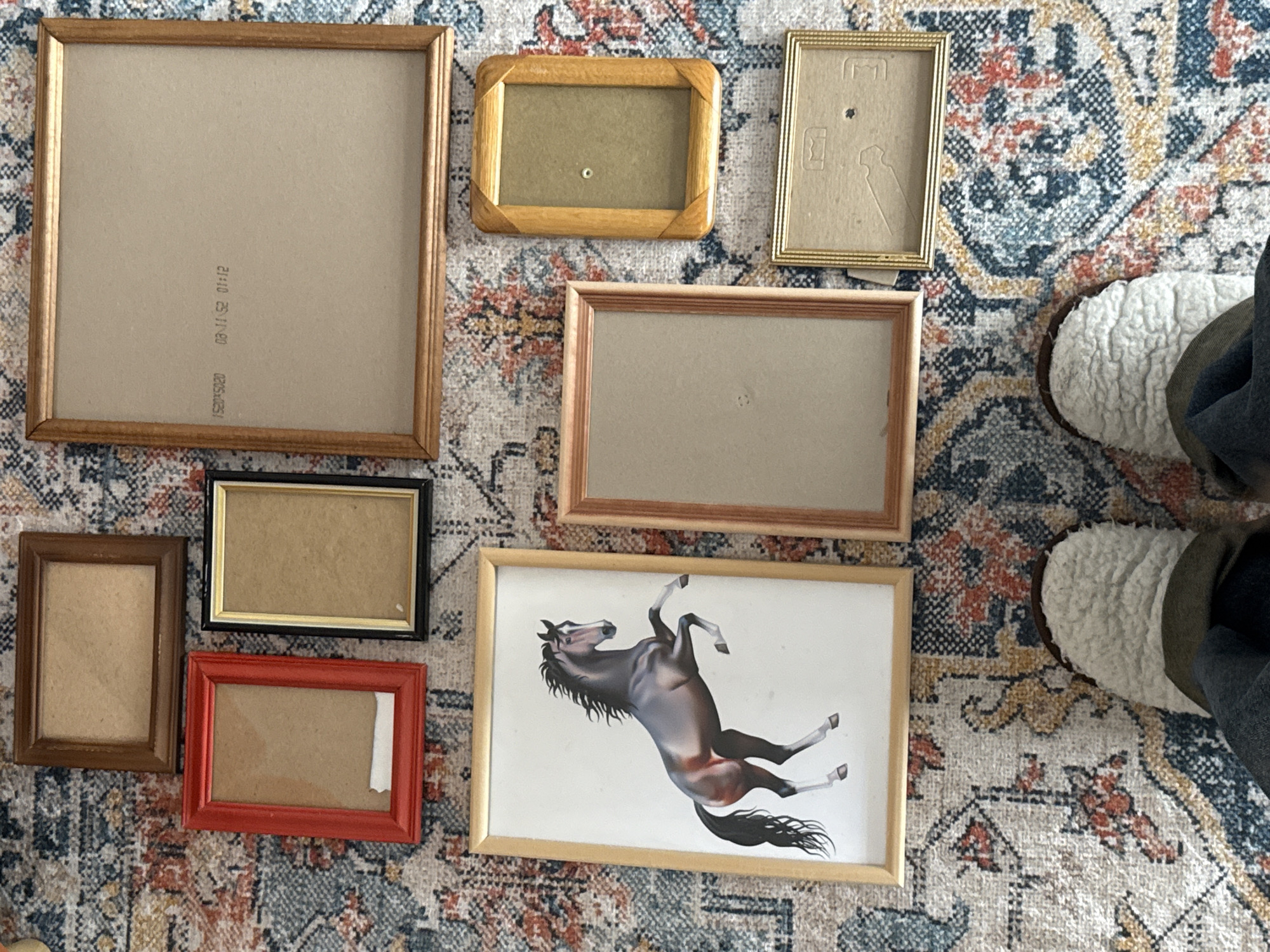 The image displays a collection of eight picture frames and a framed drawing laid out on a richly patterned rug. A person's lower legs and feet, clad in fluffy cream-colored slippers and dark pants, are visible in the lower right quadrant, indicating an indoor setting.
The picture frames vary in size, shape, and material. The largest frame, on the left, is a square wooden frame with a light brown finish. Its cardboard backing displays faint black text: "0205M0251" and "21:10 25/11 V0". Above it, a smaller, light wooden frame has rounded corners. To its right, a small, gold-colored metallic frame shows impressions on its cardboard backing.
Below the large square frame, there is a small, dark brown wooden frame. Adjacent to it, a black frame with a thin gold inner border is visible. Below the black frame, a bright red rectangular frame has a small piece of white material attached to its inner edge. Another light wooden rectangular frame is positioned above the framed horse drawing.
The most distinct framed item is a drawing of a dark brown horse with a flowing black mane and tail, depicted rearing up on its hind legs against a plain white background. This frame is made of light wood.
The rug beneath the items features an elaborate pattern in shades of blue, red, gold, and beige, providing a decorative backdrop. The frames appear to be empty or contain their original backings, suggesting they are being prepared, stored, or arranged. No specific activity beyond their placement is explicitly shown.