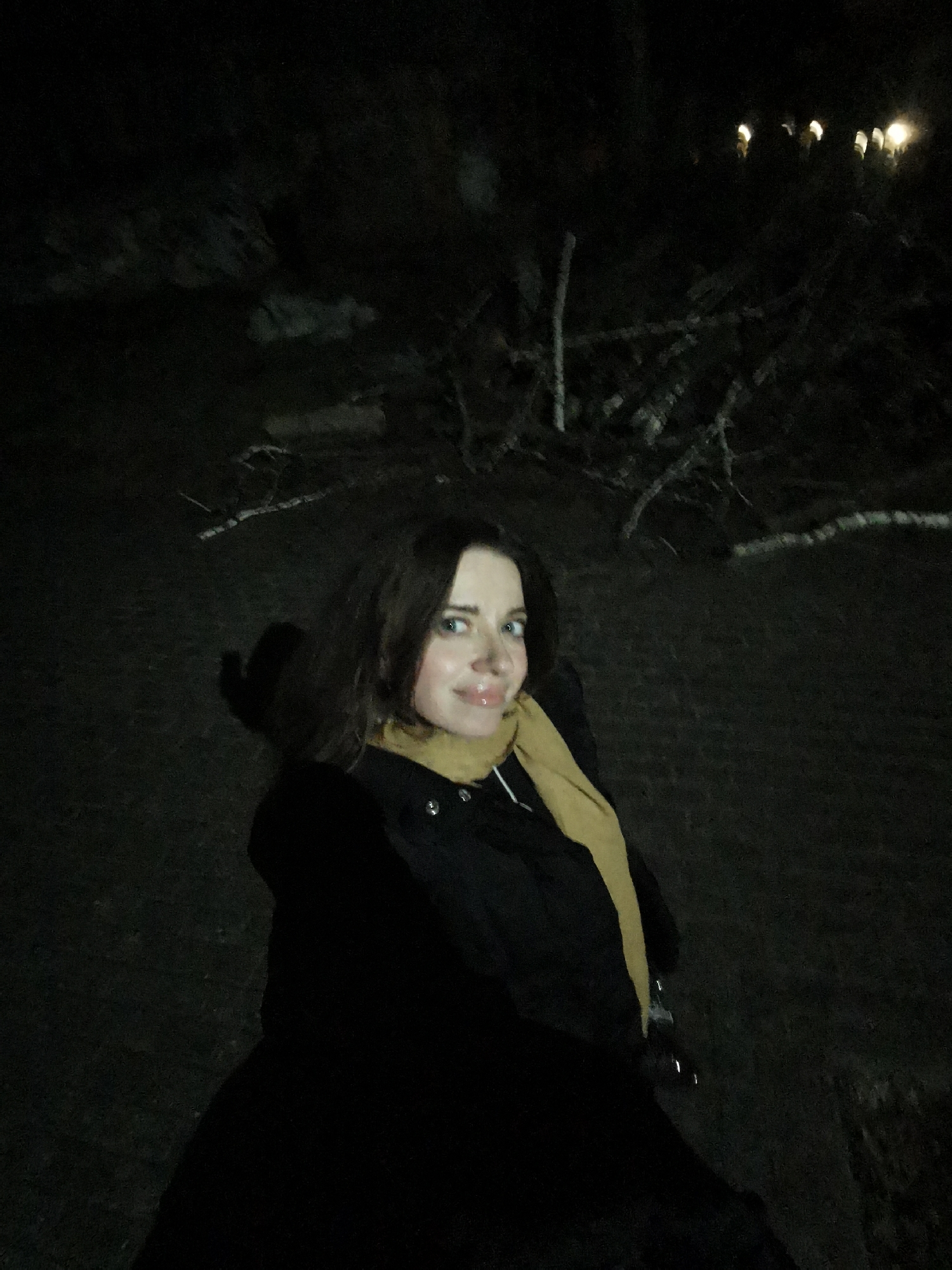 A woman wearing a black coat and yellow scarf is centered in a low-lit outdoor environment. Behind her, slightly out of focus, are branches and a group of indistinct lights. The location appears to be in the city of Unknown, Unknown. The ground is dark and indistinct.