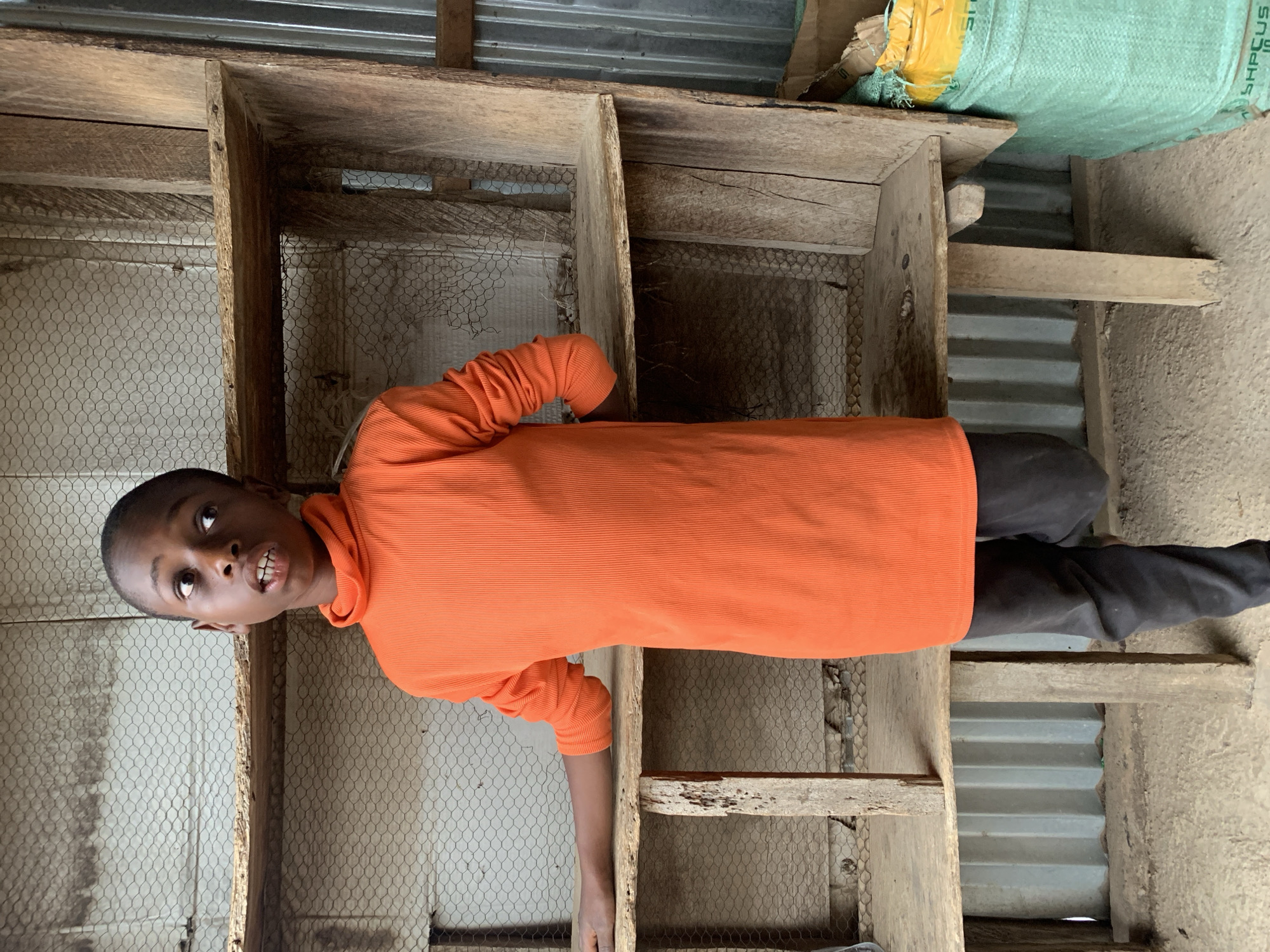 A youth wearing an orange ribbed top and black pants is standing in front of a wooden structure containing wire mesh compartments. A green sack lies atop the structure. The backdrop consists of a corrugated metal wall. The location is Jos, Nigeria.
