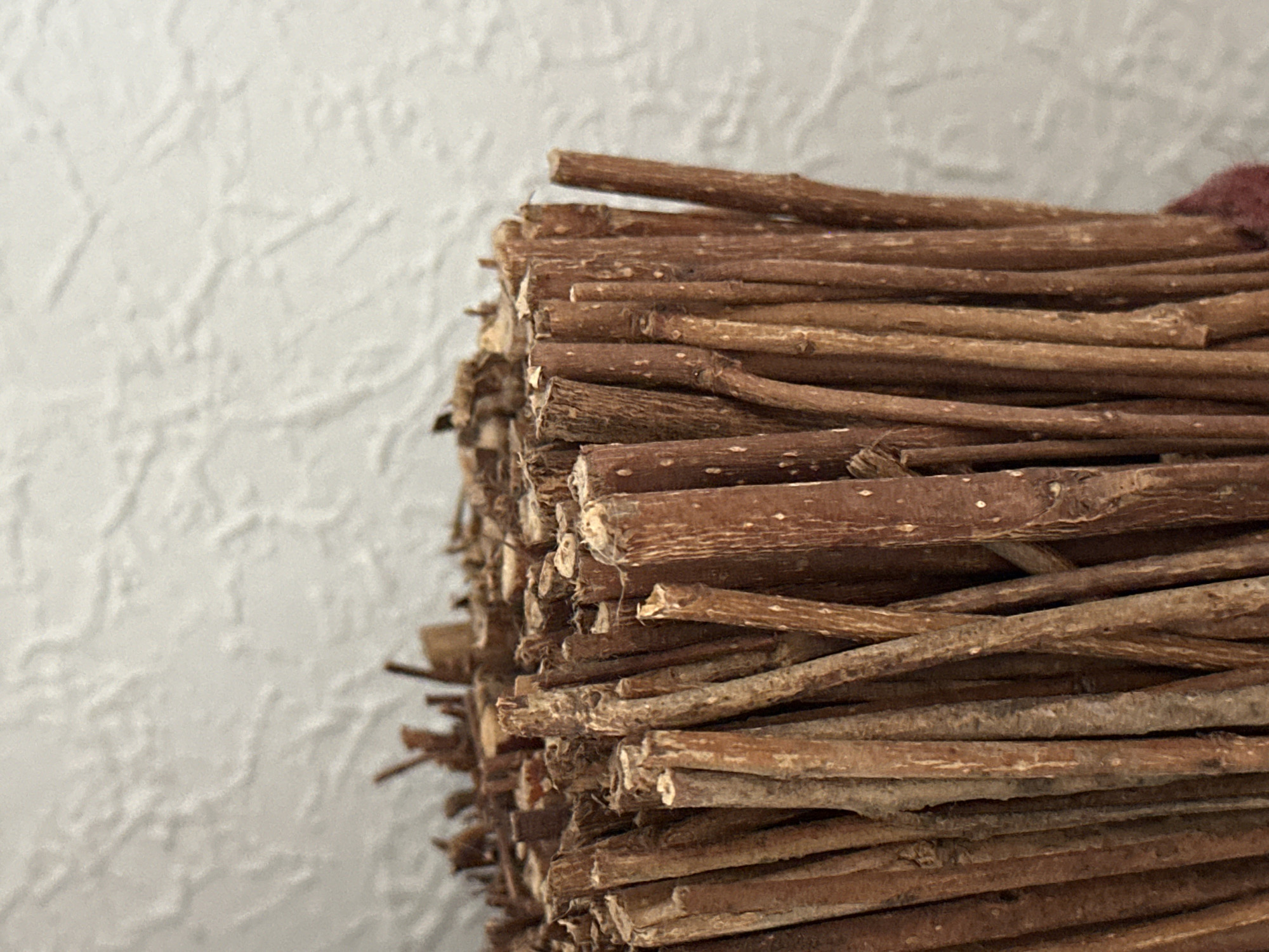 The image displays a close-up, eye-level view of a bundle of thin, dried twigs or branches. The twigs are tightly packed and stand upright, forming a textured cylindrical shape. Their surfaces are rough and varied in color, ranging from light brown to dark reddish-brown, with some appearing lighter and smoother. The ends of many twigs are visible at the top, showing uneven cuts. The background is a textured, light-colored wall, possibly stucco or plaster, with a faint pattern of raised lines. The lighting is soft, casting minimal shadows and highlighting the texture of the twigs and the wall. There are no people or animals present in the image. The image does not contain any recognizable landmarks or features that would allow for the determination of its location in the city of Nevinnomyssk, Russia.