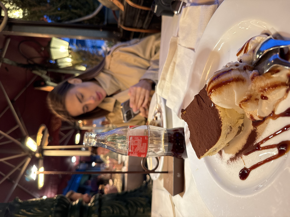 The image portrays an evening scene at an outdoor restaurant in Venice, Italy. In the foreground, a white plate displays a slice of tiramisu, generously dusted with cocoa powder, alongside two scoops of vanilla ice cream drizzled with a dark syrup; a spoon is partially submerged in the ice cream. Artistic lines of dark syrup and additional cocoa powder dust enhance the plate's presentation. Directly behind the dessert, on a white tablecloth, stands a partially consumed glass bottle of Coca-Cola, approximately half full, secured within a dark brown metal holder. To the right of the Coca-Cola, a stack of white folded napkins is visible, followed by a black camera with sunglasses resting atop it. A woman with long dark hair, clad in a light-colored trench coat or jacket, is seated at the table in the mid-right, engrossed in operating a smartphone with both hands. The background features a dark red overhead canopy equipped with circular metal outdoor heaters and decorative illuminated lanterns. Blurred figures of other patrons and indistinct architectural elements, including an ornate dark metal pole on the far left and dark green foliage on the far right, indicate a lively dining environment.