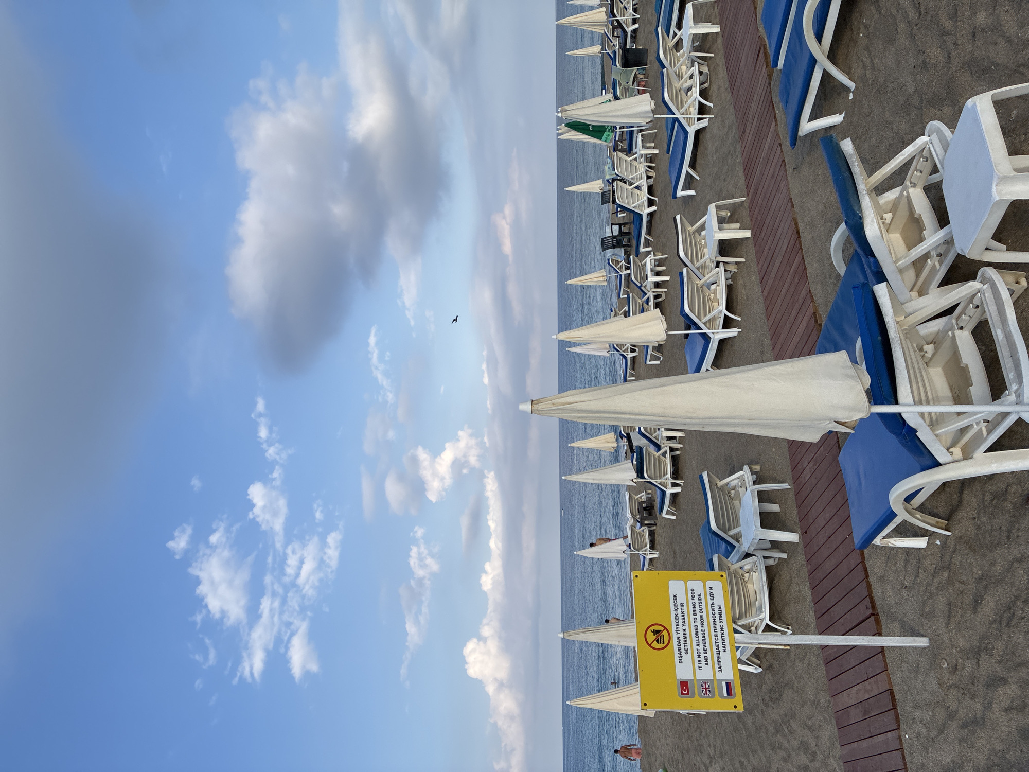 This is a medium-shot, eye-level photograph of a beach in Alanya, Turkey. The scene is dominated by rows of white lounge chairs with blue cushions and closed white beach umbrellas. The beach is made of dark sand, and a wooden walkway is laid out in the foreground. In the background, the calm, blue sea meets a sky filled with scattered white clouds. The sun appears to be either rising or setting, casting a soft light on the scene.
In the foreground, a yellow sign with text in Turkish, English, and Russian is visible. The English text reads: "IT IS NOT ALLOWED TO BRING FOOD AND BEVERAGE FROM OUTSIDE." The sign also features a crossed-out image of food and drink.
Several people are present on the beach and in the water. In the mid-ground, two men are walking near the water's edge, and another man is partially submerged in the sea. Further back, more people can be seen swimming and standing near the water. A single bird is flying in the sky. The overall impression is one of a tranquil beach setting, likely part of a resort, with clear regulations in place.