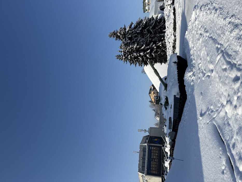 The image displays a winter scene at the National Museum of the History of Ukraine in the Second World War, located at Lavrska Street 24, Pechersk district, Kyiv, Ukraine. The foreground and midground are blanketed in a layer of pristine snow, under a clear, bright blue sky.
Three main battle tanks, appearing to be T-64 or T-72 series models, are visible as static exhibits, partially covered by snow. The closest tank, situated in the right foreground, is dark green with its main gun slightly elevated and pointed towards the upper right. Its tracks and hull are visible beneath the snow accumulation. To the left, a large, multi-story modernist building, part of the museum complex, features an expansive facade with what appears to be a historical display and a banner incorporating the blue and yellow colors of the Ukrainian flag. Multiple cellular antennas are mounted on the building's roof.
To the right of the tanks, several snow-laden evergreen trees stand next to a substantial white, snow-covered mound or structure. Footprints are discernible in the snow on the ground in the immediate foreground, leading towards the right. The scene is devoid of people or visible activity, bathed in direct sunlight, indicating a cold, clear winter day.
