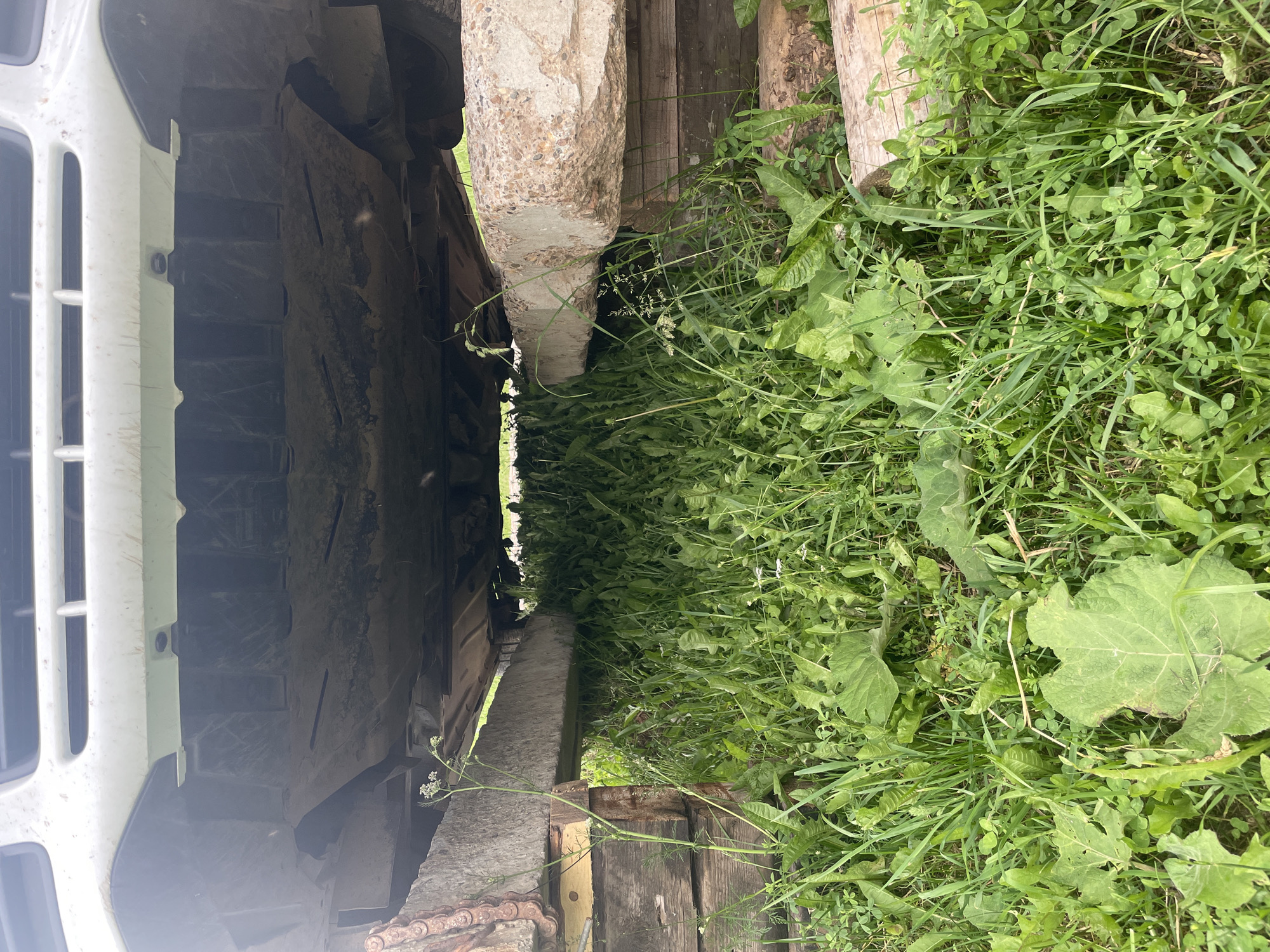 The image shows the underside of a white vehicle parked on concrete blocks in a grassy area. The vehicle's undercarriage is dirty and appears to be a car or SUV. The concrete blocks are rough and weathered, and they are stacked on wooden planks. The ground is covered in dense green grass and weeds, with some larger leaves visible. The scene appears to be outdoors, possibly in a rural or suburban setting. There are no people visible in the image. The location is identified as Nizhnii Bugrysh, Russia.
