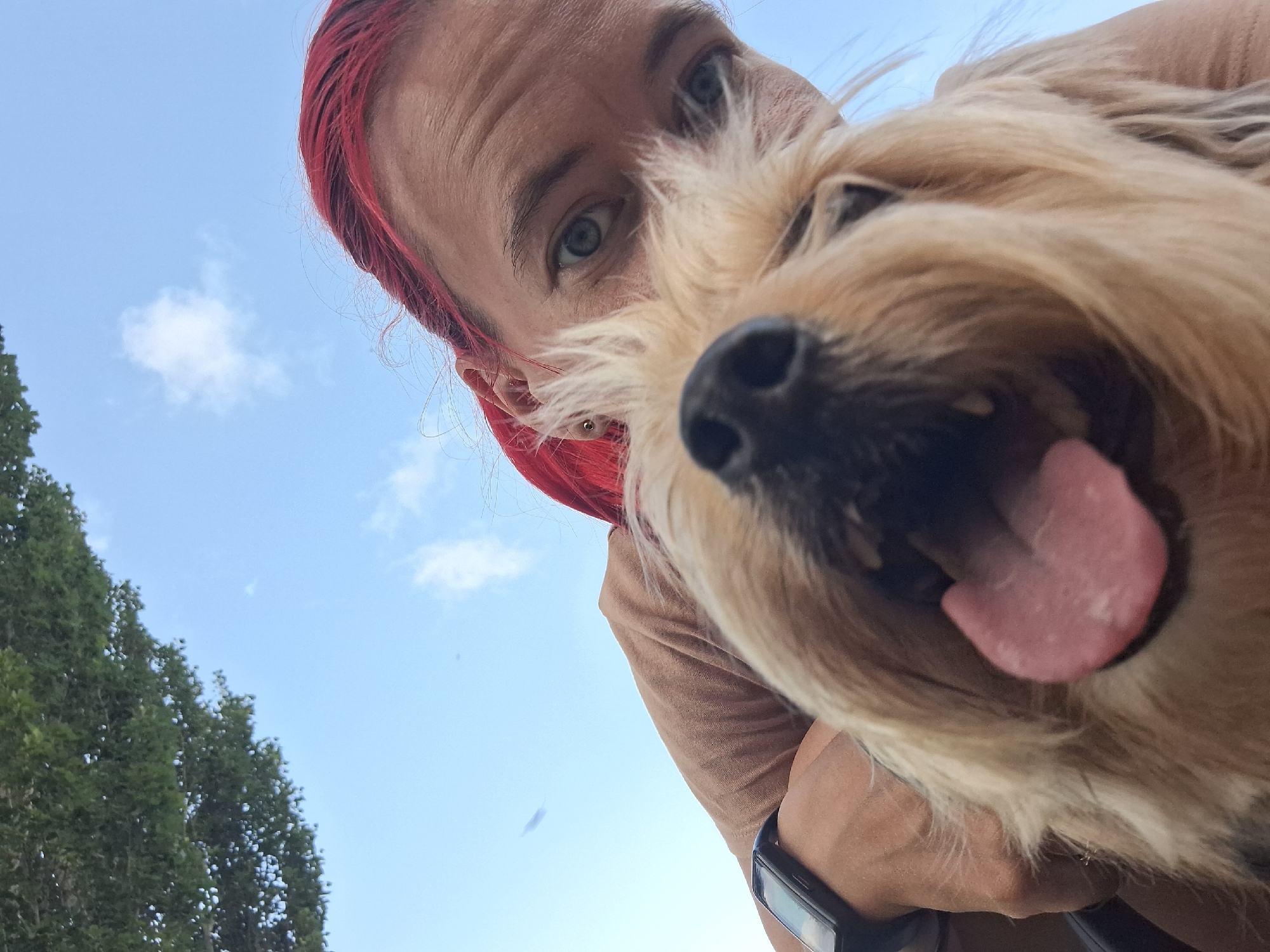 A close-up, low-angle selfie shows a person and a small dog against a bright blue sky with a few wispy clouds and the top of a green tree on the left. The person, with bright red hair, is looking towards the camera with their face partially obscured by the dog. The dog, a light brown Yorkshire Terrier, is in the foreground, with its tongue hanging out and its nose close to the lens. The person is wearing a tan t-shirt and a black smartwatch on their left wrist. The image appears to have been taken outdoors, possibly in a park or natural setting within the city of Атамановка, Russia. The focus is on the faces of the person and the dog, creating an intimate and playful interaction.