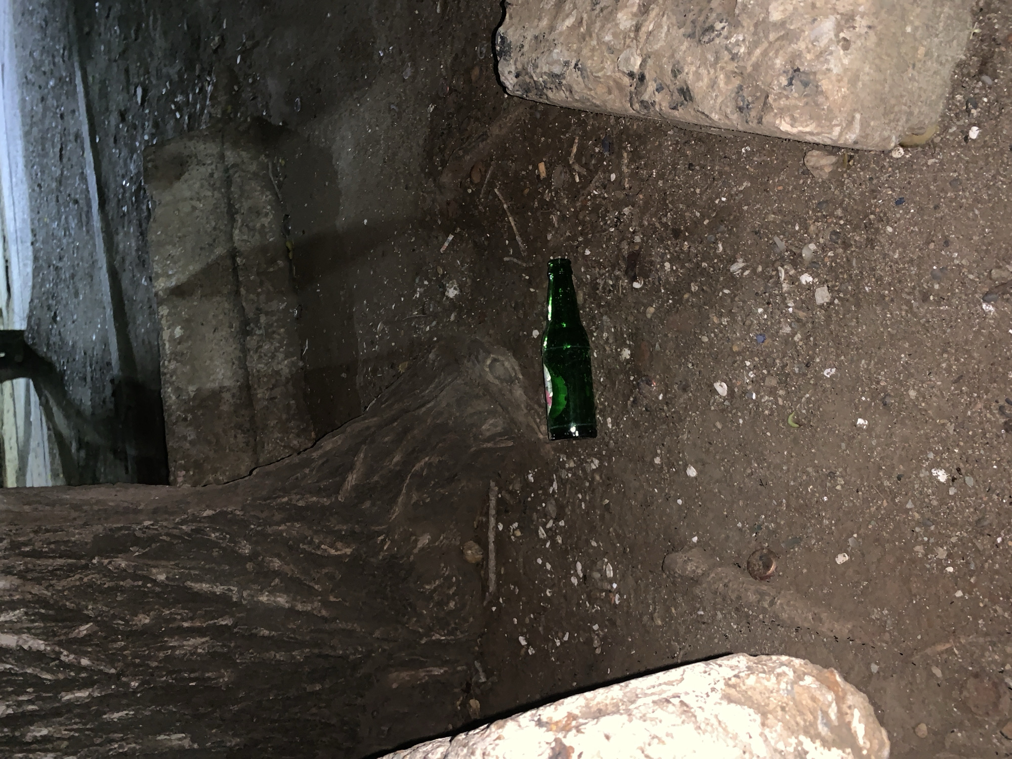 The image captures a dimly lit, unkempt ground surface within what appears to be an enclosed, possibly subterranean or derelict space in Santa Ana, Venezuela. The ground consists of uneven dark earth mixed with gravel, small stones, and various scattered debris, including what resembles cigarette butts and small pieces of trash.
A prominent object in the center is a green glass bottle, likely a beer bottle, lying on its side. Large, rough-textured concrete or stone blocks form parts of the surrounding environment, some appearing as walls or structural elements, others as freestanding rubble. One such block is visible in the upper right, and another in the lower right, partially framing the scene. Further back, on the left, more dark, rough structures suggest a confined area or a passage.
The overall lighting is very dim, implying either night, an absence of natural light, or a poorly lit interior. No people are visible. A notable detail revealed in a cropped view is a line of small ants crawling across the dirt near one of the stone blocks, and a small, round, metallic object (possibly a coin or bottle cap) partially buried in the ground. The scene is static, depicting the aftermath of human presence rather than an active event. There is no visible text. The environment conveys a sense of neglect and abandonment.