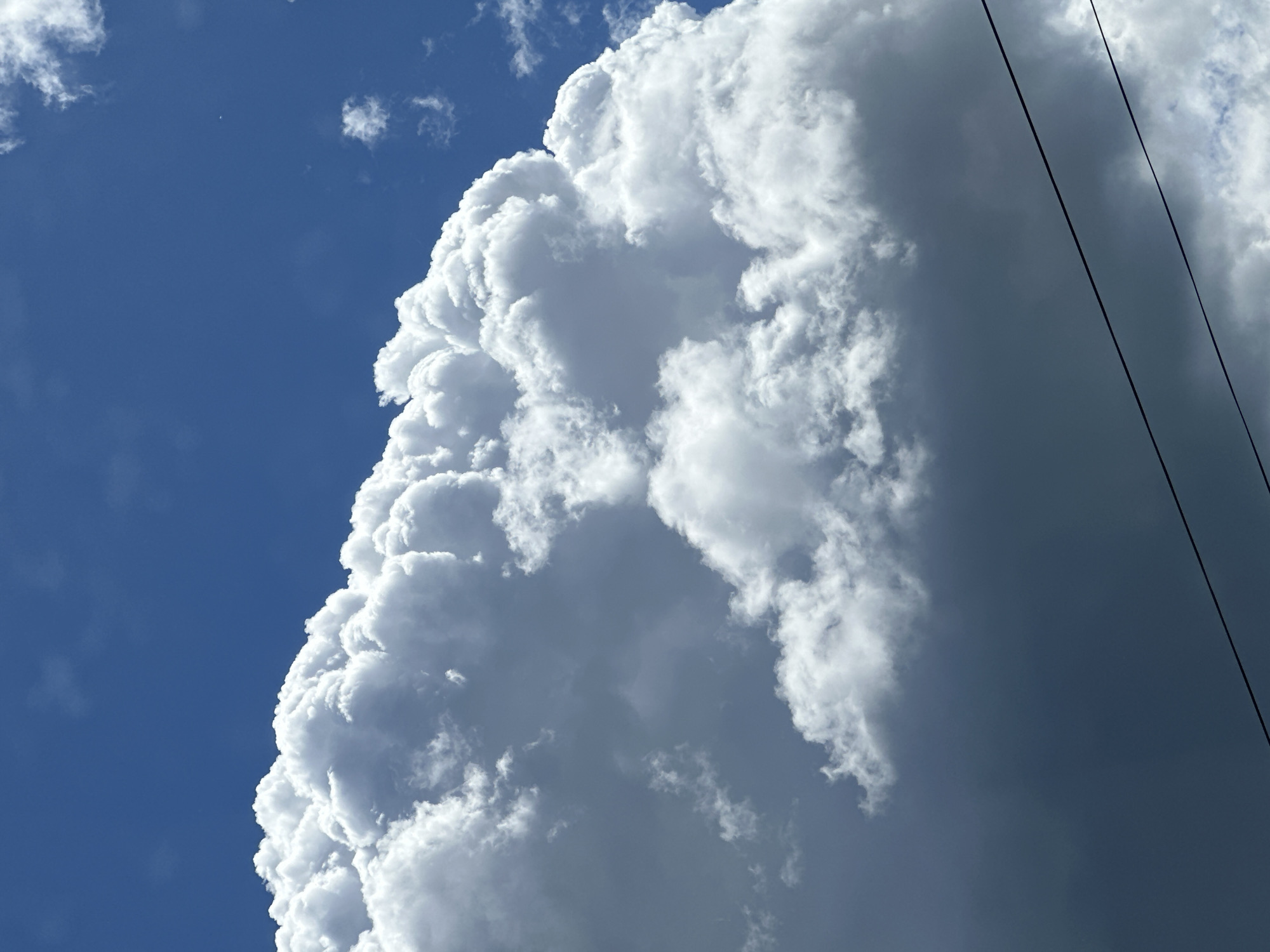 The image depicts a large, billowy cumulonimbus cloud formation dominating the right side of the frame, contrasted against a vibrant blue sky with a few smaller, scattered clouds. The cloud's texture is complex, exhibiting a cauliflower-like structure with varying shades of white and gray, indicating different densities and thicknesses. Two black power lines are visible in the upper-right quadrant, running vertically across the scene. The location is inferred to be somewhere in an urban area, given the presence of the power lines, though the absence of specific landmarks prevents identifying an exact location within Unknown, Unknown.