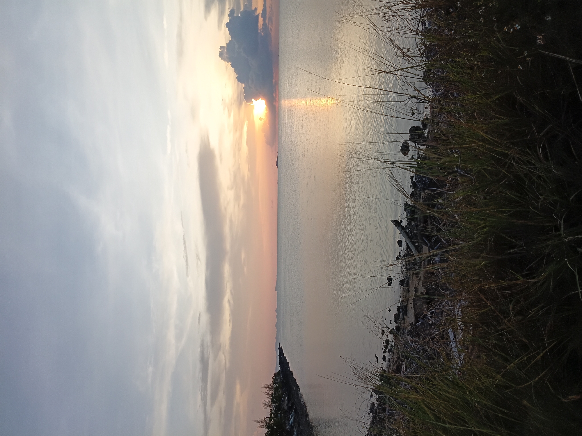 The image captures a sunset over the ocean in Baan Wok Tum, Thailand. The sun is partially obscured by clouds, casting a golden reflection on the water's surface. A shoreline with vegetation, including grass and other plants, is visible in the foreground. The sky shows a gradient from gray clouds to orange hues closer to the sun. Remnants of debris are scattered along the shoreline. The photograph is oriented vertically.