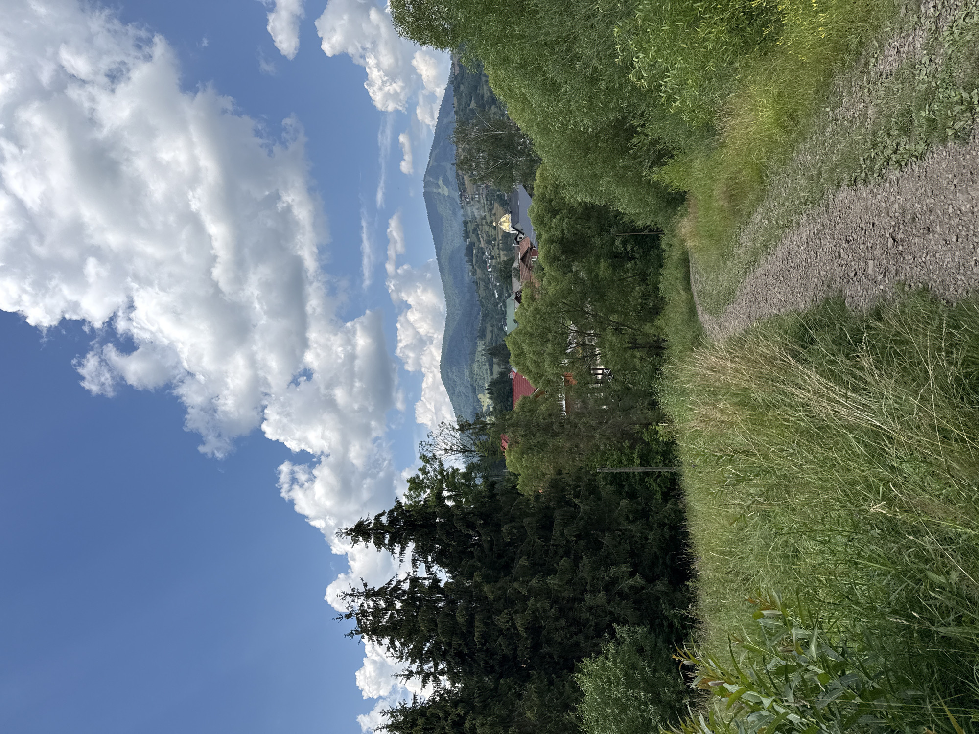The image shows a scenic landscape in Slavsko, Ukraine. A dirt path winds through a grassy area in the foreground. Tall, dark green coniferous trees stand to the left, partially obscuring a cluster of buildings with red roofs in the middle ground. Beyond the buildings, rolling hills covered in greenery rise towards a distant mountain range under a bright blue sky dotted with fluffy white clouds. The overall impression is one of a peaceful, rural setting.