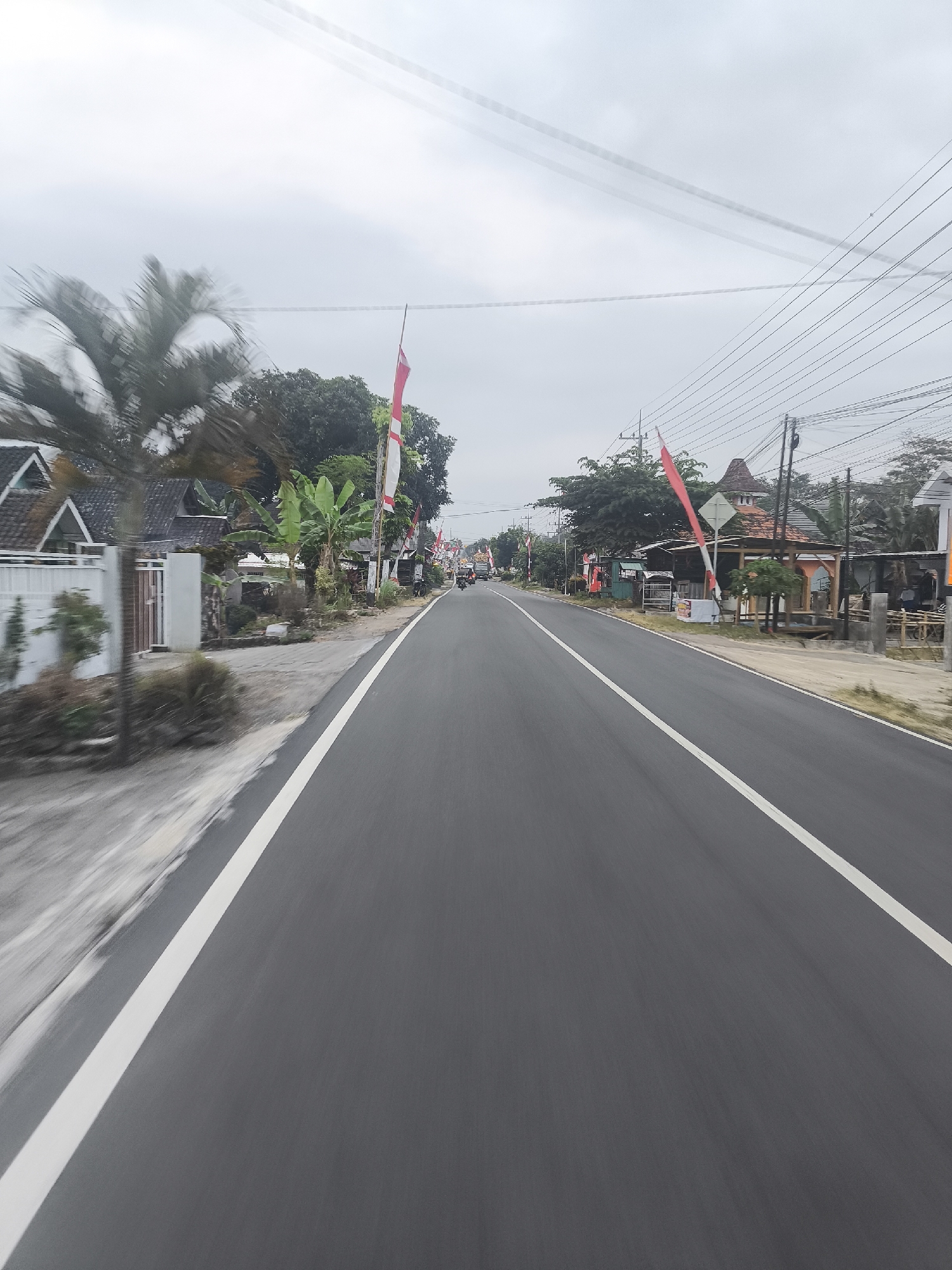 A long shot captures an overcast day on a road in Purworejo, Indonesia. The road is paved and has a white line running down the middle. The left side of the road has a grassy shoulder and a row of houses with tiled roofs. A palm tree is visible on the far left. The right side of the road has more houses, trees, and some small businesses. Indonesian flags are flying along the road, suggesting a national holiday or celebration. In the distance, a few vehicles are visible on the road. The sky is cloudy and gray.