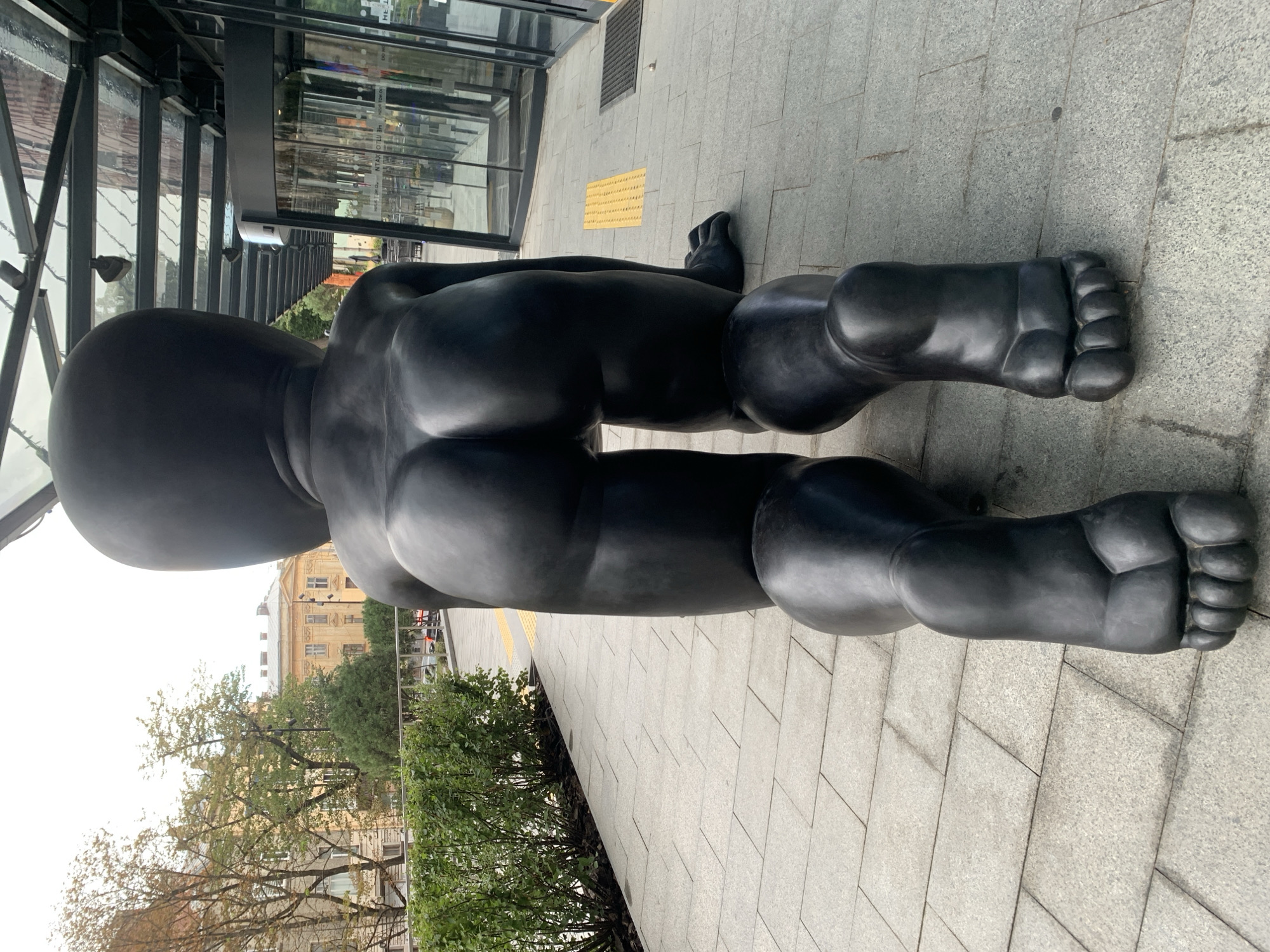 A large, black, matte sculpture of a crawling baby is positioned on a paved sidewalk in Lviv, Ukraine. The sculpture faces away from the camera, showing its back, buttocks, and legs. The baby's head is large and smooth, with no discernible features. Its body is muscular and appears to be made of a smooth, dark material. The sculpture is positioned on a light-colored stone-paved sidewalk, with a low green hedge to the left. In the background, there are buildings with traditional architecture, some with ornate facades. To the right of the sculpture, there is a modern glass-enclosed building with revolving doors. The sky is overcast. The overall impression is of a surreal juxtaposition of a whimsical sculpture against an urban backdrop.