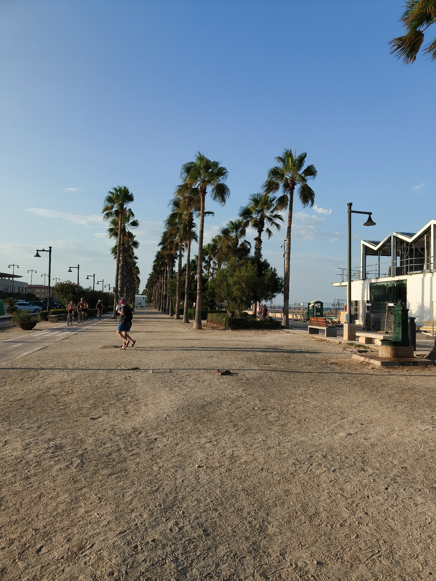 The image depicts a sandy promenade lined with tall palm trees, suggesting a coastal or park environment. The promenade is wide and appears to be a pedestrian and cyclist path. In the foreground, two individuals, a man and a woman, are walking. The man is wearing a dark t-shirt, blue shorts, and flip-flops, while the woman is wearing a dark dress. Further down the promenade, a group of cyclists are riding. In the background, there is a modern white building with a distinctive angular roof, a lamppost, and a green drinking fountain. The sky is clear and blue, indicating a sunny day. This scene is consistent with the ambiance of the Turia Gardens in Valencia, Spain, particularly areas near the coast or the former riverbed, known for its recreational spaces and palm-lined paths.