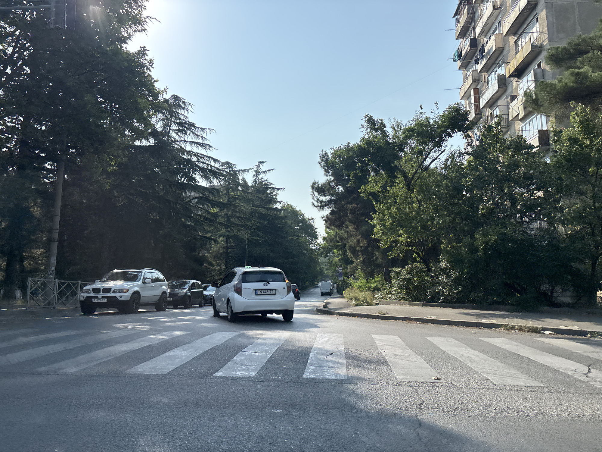 A frontal view of a crosswalk on a city street in Tbilisi, Georgia, is captured under a clear blue sky. The sun shines brightly, casting long shadows across the road and highlighting the white stripes of the crosswalk. Several cars are visible on the street. In the foreground, a white SUV with license plate TJ-072-TT is stopped, with other vehicles following behind it. To the right, a white hatchback with license plate TN-445-TT, marked as a taxi, is also stopped at the crosswalk. In the background, a multistory apartment building with balconies is visible, partially obscured by lush green trees. The street is lined with trees on both sides, suggesting a treelined avenue within the city.