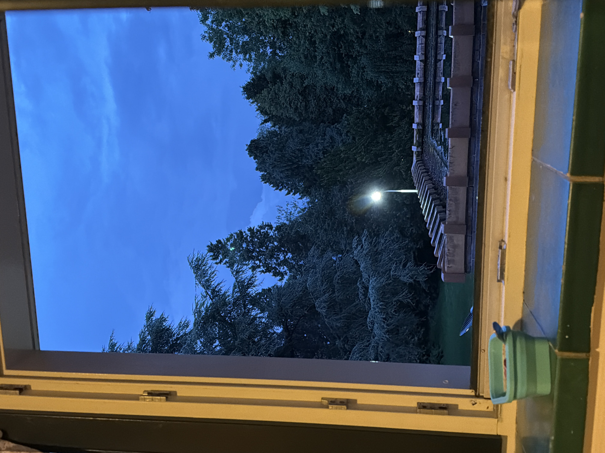 The image shows a view through a window of a twilight sky over a densely wooded area. In the foreground, on the windowsill, is a small, teal-colored collapsible container with a blue object sticking out of it, possibly a utensil. Beyond the window, a garden with a long, tiered fountain or water feature with brick edging is visible, illuminated by a single streetlamp. The sky is a deep blue with some faint cloud formations. The trees are dark green and appear to be a mix of coniferous and deciduous varieties. The scene is consistent with an outdoor setting in a suburban or park area of Tilburg, Netherlands, likely during the early evening hours as the natural light fades and artificial lights begin to activate.
