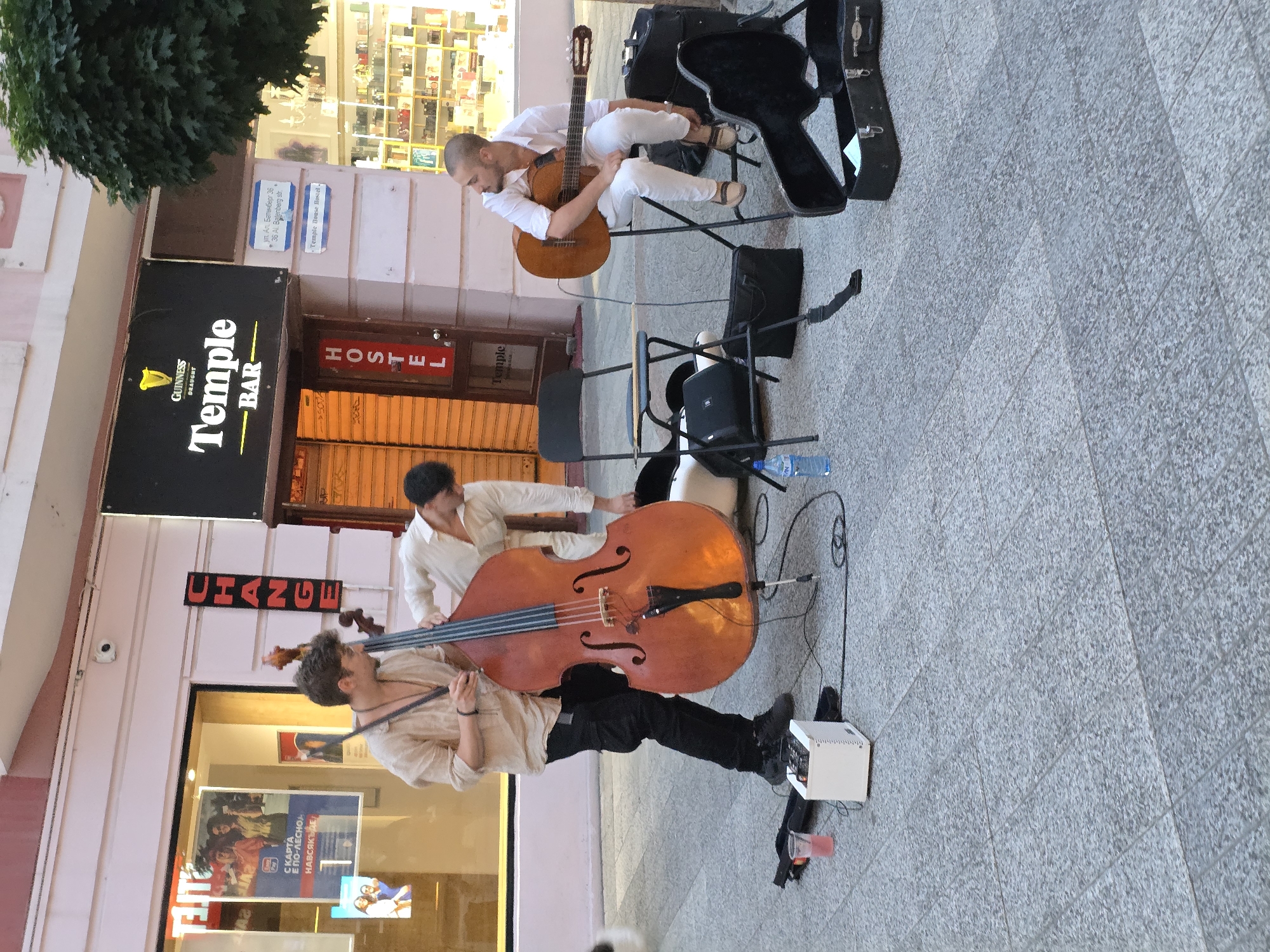 The scene depicts three adult males engaged in a street performance or setup on a paved pedestrian street in Plovdiv, Bulgaria, specifically near Ulitsa Angel Zlatarov 36, in front of establishments identified by "Temple BAR" and "Temple House Hostel" signs.
In the foreground and center-left, a male with short, dark hair and a beard, wearing a light tan shirt and dark pants, plays an upright bass. The bass is a reddish-brown, acoustically amplified via a microphone clipped to its bridge. A white amplifier/mixer unit sits on the ground near his feet, connected by cables. To his left, a plastic cup with a pink beverage is visible.
To the right, another male, bald with a beard, sits on a black folding stool, playing an acoustic guitar. He wears a white button-down shirt and white pants, with light-colored sandals. An open black guitar case rests on the pavement in front of him, containing a light blue sheet of paper. A plastic bottle of water is situated near his left foot.
A third male, wearing a light-colored shirt and dark pants, is bent over an equipment bag or case behind the upright bass player, appearing to attend to gear.
The background features several shopfronts. To the immediate left of the bass player, a retail window displays posters, one in Bulgarian reading "С КАРТА Е ПО-ЛЕСНО НАВСЯКЪДЕ!" (With a card it's easier everywhere!). A red vertical sign above this window reads "CHANGE." To the right, a black sign with a Guinness harp logo displays "Temple BAR" in white and yellow lettering. Below it, a vertical red sign reads "HOSTEL," indicating the entrance to "Temple House Hostel," confirmed by a smaller sign. A street sign above the hostel entrance identifies the address as "Ул. Ан. Златаров 36" and "36 Al Zlatarberg str." The building facades are light pink or beige. A security camera is mounted above the "CHANGE" sign. On the far right, a dense green tree partially obstructs a view of another shop window filled with merchandise. The ground is paved with uniform grey square tiles. The lighting suggests daytime.