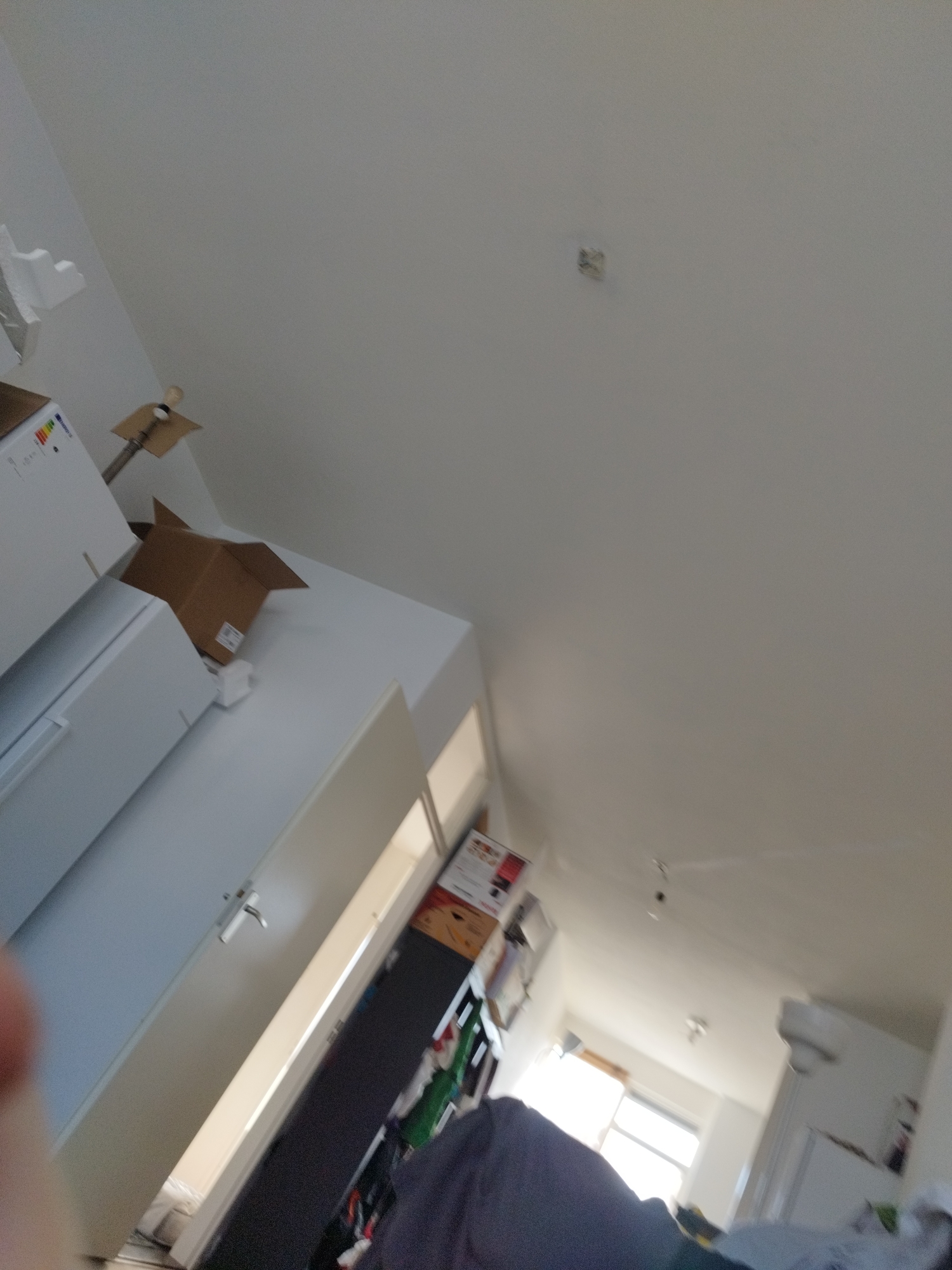 The image depicts an interior scene, likely a room in a residential or storage space. The perspective is from a low angle, looking upwards towards a white ceiling.
Dominating the left side of the image is a large, white appliance, possibly a refrigerator or washing machine, with a metallic handle. Adjacent to it, on the right, is a brown cardboard box, partially open, with its flaps extended. Above this box, a light fixture or electrical component is visible on the ceiling.
Further to the right, a doorway or opening reveals another section of the room. A white door is ajar, showing a glimpse of what appears to be another appliance or storage unit inside. On the wall next to this doorway, a dark cabinet or shelving unit is visible, with various items, some appearing to be boxes and clothing, stacked on it. The items on the shelf include what looks like a red-printed box with text, a green garment, and other assorted objects.
In the background, a window with visible panes allows natural light to enter, illuminating the space. The overall impression is one of a somewhat cluttered but functional area, possibly a hallway or a utility room.
Based on the visual cues, this image was captured inside a residential property in Roosendaal, Netherlands. The presence of household appliances and storage suggests a domestic environment.