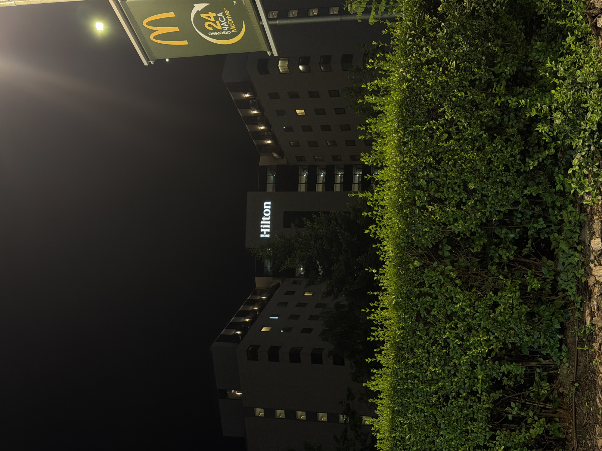 The image captures a nighttime scene outside a Hilton hotel in Sofia, Bulgaria, adjacent to a McDonald's. A well-maintained hedge runs across the foreground. Behind the hedge, the multi-story Hilton hotel is visible, illuminated by lights from its windows and signage. The hotel's name, "Hilton," is prominently displayed in illuminated letters. To the right of the hotel, a McDonald's sign with its signature golden arches and "24 Hours McDrive" text is illuminated against the dark sky. A street lamp is also visible in the upper right corner of the image. The overall impression is an urban setting at night, with commercial establishments and greenery.