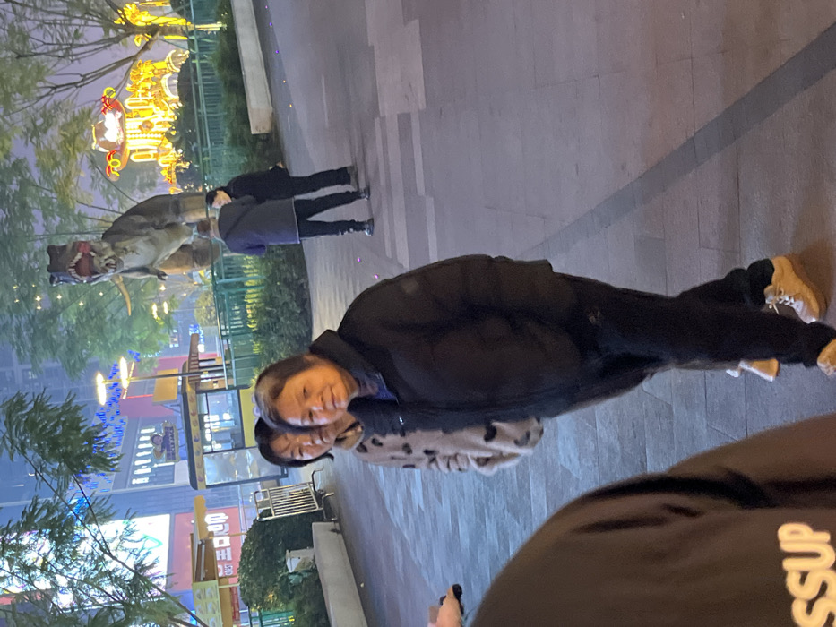 The image depicts an urban outdoor scene at night in Jiangjin, China, illuminated by artificial light sources. In the immediate foreground on the left, the shoulder and back of a person wearing a black garment with partially visible white text ('SSUP') are present. The primary subject, a woman of East Asian descent, occupies the central foreground, facing slightly right and looking towards the camera. She wears a dark blue puffer jacket, dark trousers, and light tan athletic shoes. Her hair is dark with visible grey strands. Behind her, to her left, a second woman, also of East Asian descent, is partially visible, wearing a light-colored, spotted faux-fur jacket and looking forward. In the background, on the right side of the frame, two individuals are standing; one person in a dark jacket and pants faces away from the camera, appearing to interact with another person largely obscured. Directly behind these individuals, a large, grey dinosaur statue, resembling a Tyrannosaurus Rex with an open mouth, stands amidst trees adorned with blue string lights. To the right of the dinosaur, a brightly illuminated carousel-style amusement ride is visible. The ground is a tiled pedestrian area. In the far background, multiple multi-story buildings with lighted windows and signs are present, including kiosks on the left. Overhead streetlights with multiple fixtures provide ambient illumination.