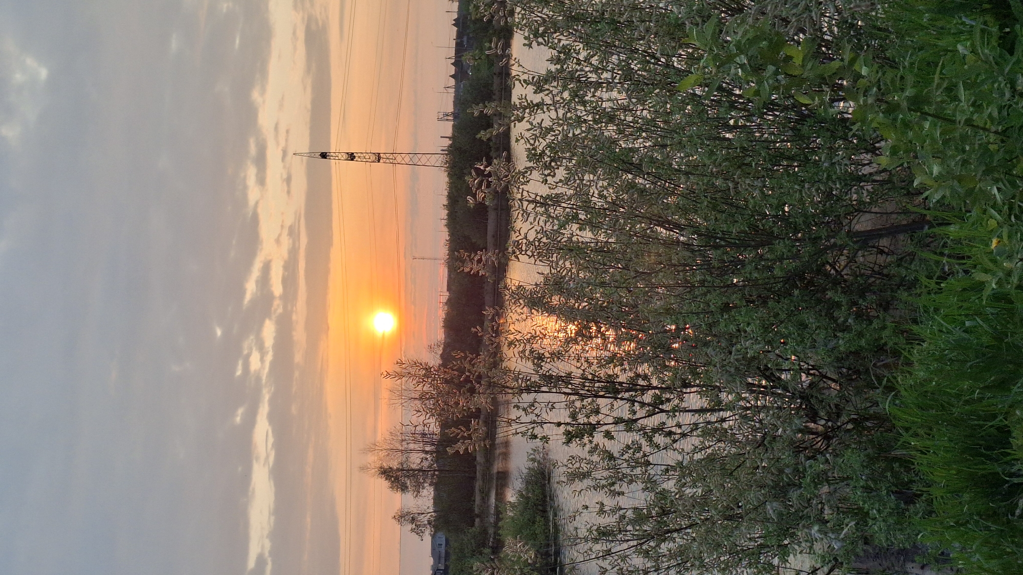 The image shows a sunset over a body of water in Innolovo, Russia. A utility pole is visible in the distance. Trees and green vegetation are in the foreground. The sun's reflection can be seen on the water's surface. The sky is a mix of orange, yellow, and gray hues.
