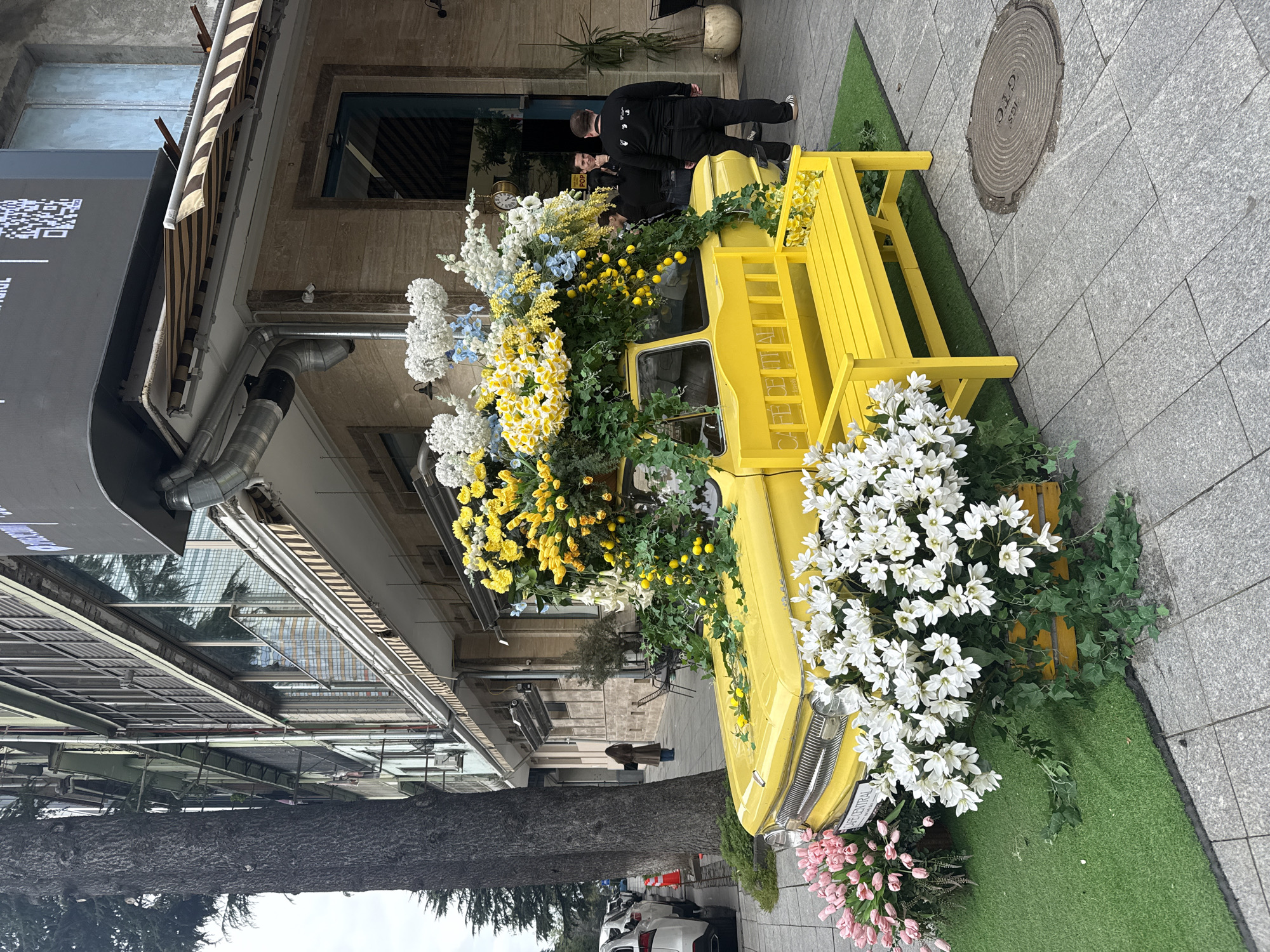 This image captures a vibrant street scene, likely in Batumi, Georgia, centered around a bright yellow vintage-style car, possibly a modified pick-up truck, transformed into an elaborate floral display. The car is overflowing with artificial white, yellow, and light blue flowers, green foliage, and decorative lemons. A matching yellow wooden bench is attached to the back of the car.
The car is situated on a gray tiled sidewalk, alongside a patch of artificial green grass. Several individuals are present; a man in a black sweatshirt with a distinctive white arrow logo (resembling Off-White branding) and black pants stands near the car, with another person beside him. Further down the street, another individual is walking. The background features urban buildings with large windows, some with a striped brown and beige awning, suggesting commercial establishments. A large tree trunk occupies the left side of the frame, and other parked cars are visible in the distance.
The scene takes place during the daytime, under what appears to be an overcast sky, resulting in soft, diffused lighting. Visible text includes "CAFE CENTRAL" prominently displayed on the side of the yellow car and "BATUMI CENTRAL" on its license plate frame, confirming the location. A circular manhole cover on the pavement bears the inscription "GTC." Additionally, a QR code is visible on a black sign mounted on one of the buildings. The overall impression is that of a decorative, inviting public space, possibly outside a cafe or boutique.