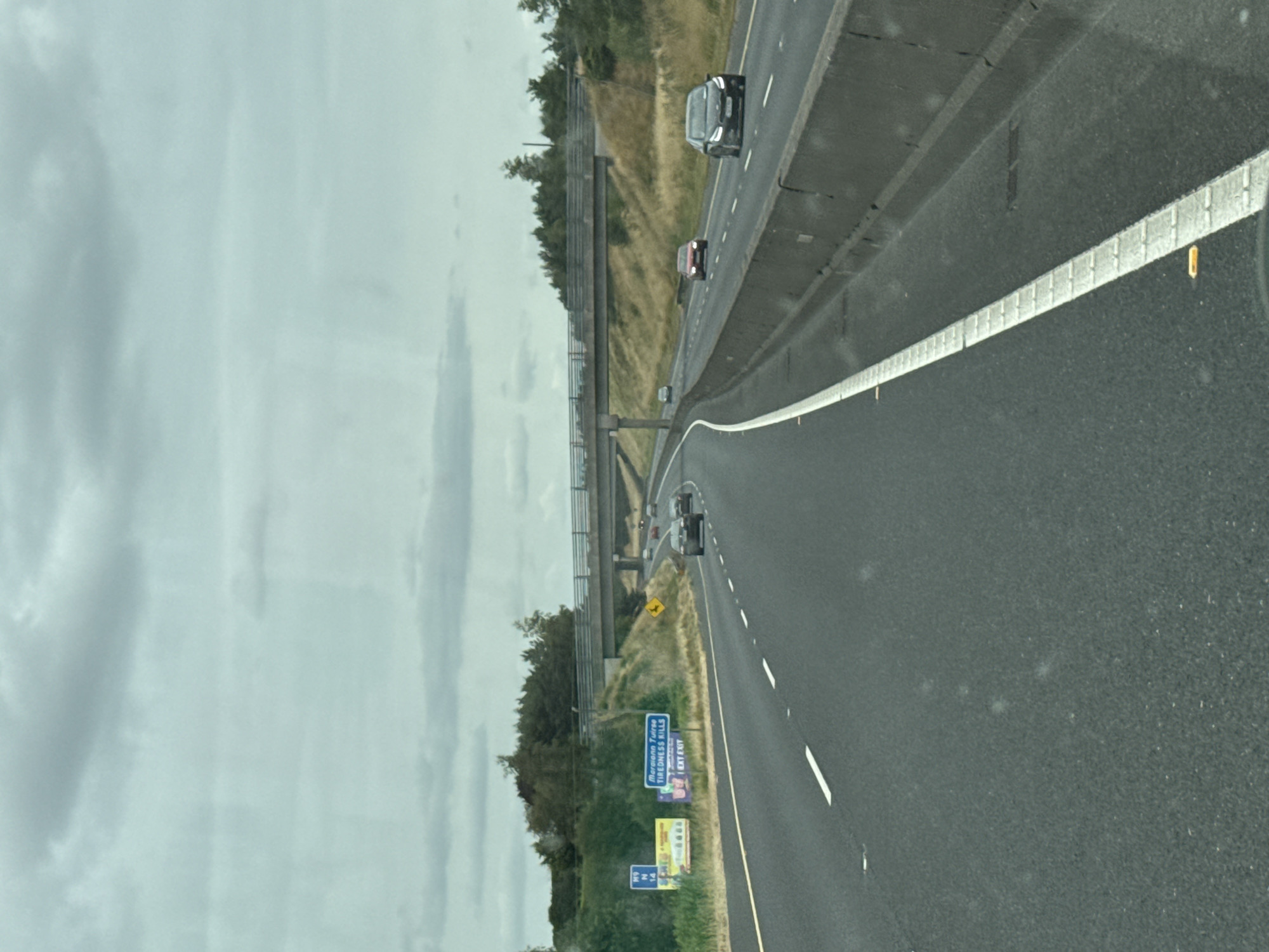 The image shows a view from inside a vehicle traveling on a multi-lane highway in Ireland. The road surface is asphalt, with white dashed lines indicating lanes. A concrete barrier separates the lanes from the shoulder on the right side. On the left side of the highway, there are several road signs, including one that reads "M9 N 14" and another that says "Moranaion Tuirse TIREDNESS KILLS | EXIT EXIT". Beyond the signs, there is a grassy embankment with trees. A concrete overpass spans the highway in the distance. Several cars are visible on the highway, traveling in the same direction as the viewer. The sky is overcast with clouds.