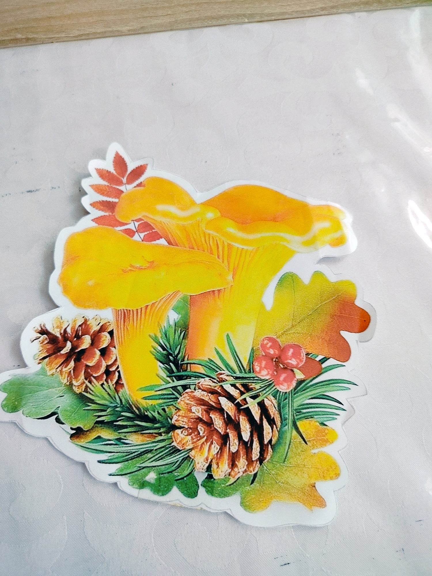 The image shows a decorative sticker or cutout featuring a cluster of yellow mushrooms, pine cones, autumn leaves in shades of yellow and orange, and red berries. The elements are arranged in a decorative composition. The background appears to be a light-colored, textured surface, possibly a tablecloth or fabric, with a wooden strip visible at the top edge of the image. The location is not discernible from the image itself.