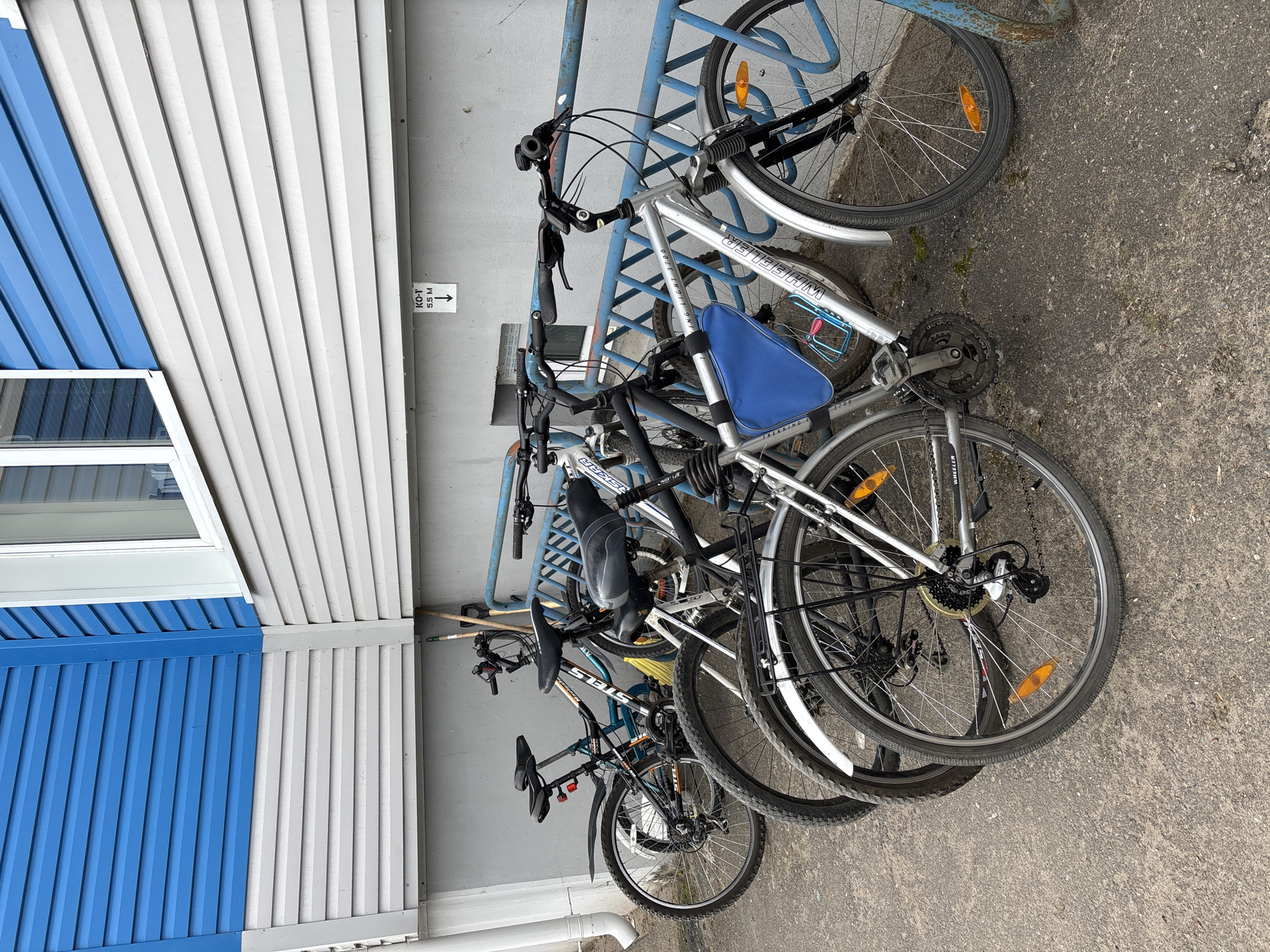 This image, captured in Chaikovsky, Russia, depicts multiple bicycles parked outdoors against a building wall and a blue metal bike rack. The ground is made of concrete or asphalt.
The building wall features horizontal corrugated siding, with the lower left section painted bright blue and the adjacent wall and upper right section in a light gray. A small, white-framed window is visible within the blue wall section.
Approximately five bicycles are present, primarily mountain bike styles. A silver bicycle, prominently displaying "WHEELER" and "TREKKING 3.700" on its frame, is equipped with a blue saddle bag. Another bicycle, black and orange, clearly shows the "STELS" brand name. Visible bicycle details include gear mechanisms, disc brakes on some models, and orange reflectors on spokes.
A white sign on the gray wall reads "КО-1" and "55 М," accompanied by a downward-pointing arrow, likely a Russian location marker or distance indicator. Other objects include a stick or broom handle leaning against the wall and a white pipe near the ground. The bright, even lighting suggests it is daytime. No individuals are present in the scene, which portrays a utilitarian outdoor area for bicycle parking.