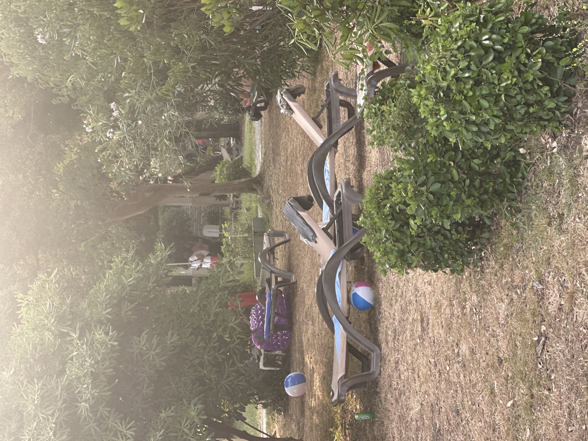 The image depicts an outdoor scene, likely a resort or park, with several lounge chairs scattered across dry, straw-like grass. Two beach balls, one blue and white, the other pink, white, and blue, are visible on the ground. In the background, there is dense green foliage, with trees and bushes. A person in a white shirt and red shorts, holding a phone, is partially visible standing near some luggage. Another person's legs are visible resting on a lounge chair in the far right background. The overall atmosphere is hazy, possibly due to sunlight or dust. The location is described as Boreti, Montenegro.