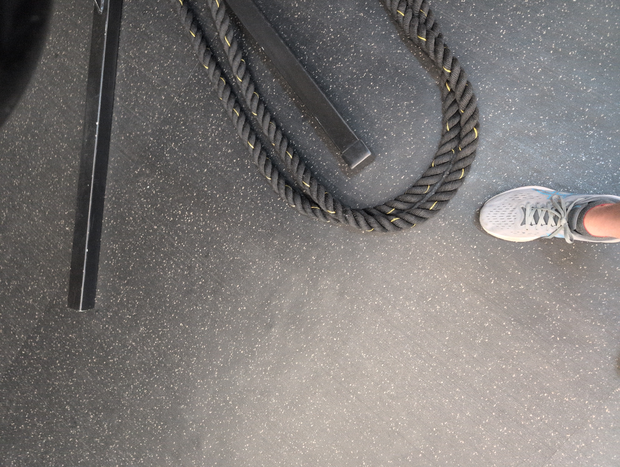 This overhead shot depicts a section of a fitness environment, likely a gym, with a dark grey, speckled rubberized floor. The flooring is consistent across the entire visible area, characterized by small, light-colored flecks that provide a textured appearance.
In the upper right quadrant, a thick, black battle rope is coiled and laid out on the floor. This rope is intricately woven with prominent yellow threading, creating a striped pattern along its length. One end of the rope extends towards a black, horizontal metal bar that crosses the upper part of the frame, suggesting it's either an anchor point for the rope or part of a larger piece of equipment. To the far left, a vertical black metal bar is partially visible, implying the presence of a structural element or another piece of gym apparatus.
In the bottom right corner, a person's foot is visible, wearing a light grey and light blue athletic shoe with light blue laces. A glimpse of a pinkish-orange sock can be seen above the shoe's collar. The foot is stationary on the gym floor, suggesting a pause during or before an exercise session.
The overall scene implies a focus on physical activity and fitness, with the battle rope being a key piece of exercise equipment. The image captures a quiet moment within this setting. No specific activities are actively taking place, and no emotions are discernible. There is no visible text within the image. While the location context provided is Mexico City, Mexico, there are no visual cues within the frame itself to specifically confirm this geographical location.