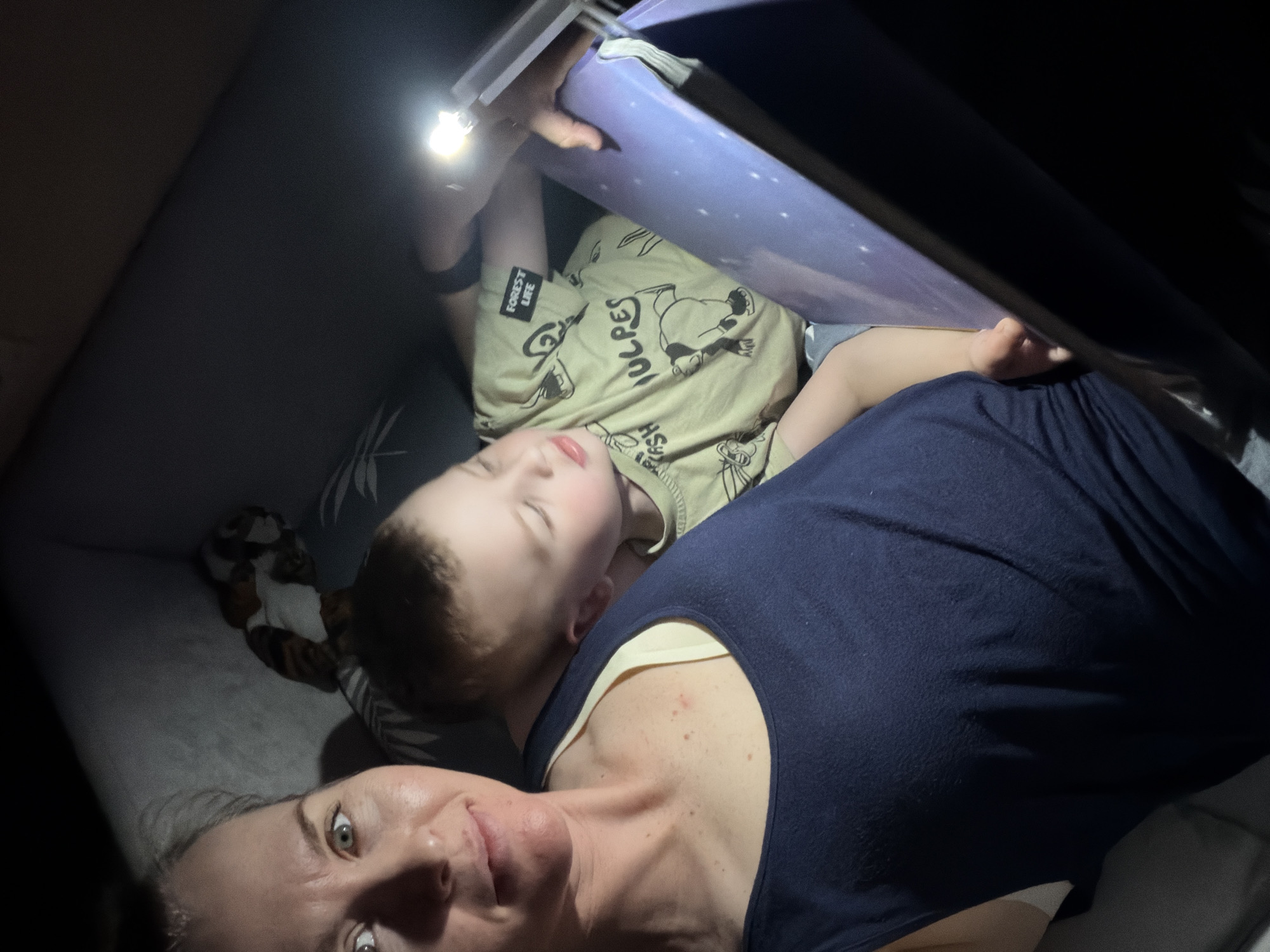 In a dimly lit indoor setting, a woman and a young child are lying down, seemingly in bed. The woman is in the foreground, facing the camera with her eyes open and a slight smile. She is wearing a dark blue tank top, revealing a cream-colored strap underneath. The child is lying next to her, nestled in a light-colored shirt with cartoon characters and the words "FOREST LIFE" visible on a patch. The child's eyes are closed, suggesting they are asleep or resting.
A purple object, possibly a book or a tablet with a colorful cover, is held above the child by an unseen hand, illuminated by a small flashlight held by the woman. The light beam from the flashlight is directed at the purple object. The scene appears intimate and peaceful, hinting at a bedtime story or a quiet moment shared between the two. The overall mood is one of warmth and comfort, amplified by the darkness and the focused light. The background is dark and indistinct, with hints of pillows and blankets, reinforcing the bedroom setting. There are no obvious cues to the time of day or weather, but the indoor, low-light environment suggests it could be nighttime or a cozy, darkened room. The location context of Khabarovsk, Russia, does not provide any specific visual information within the image itself.