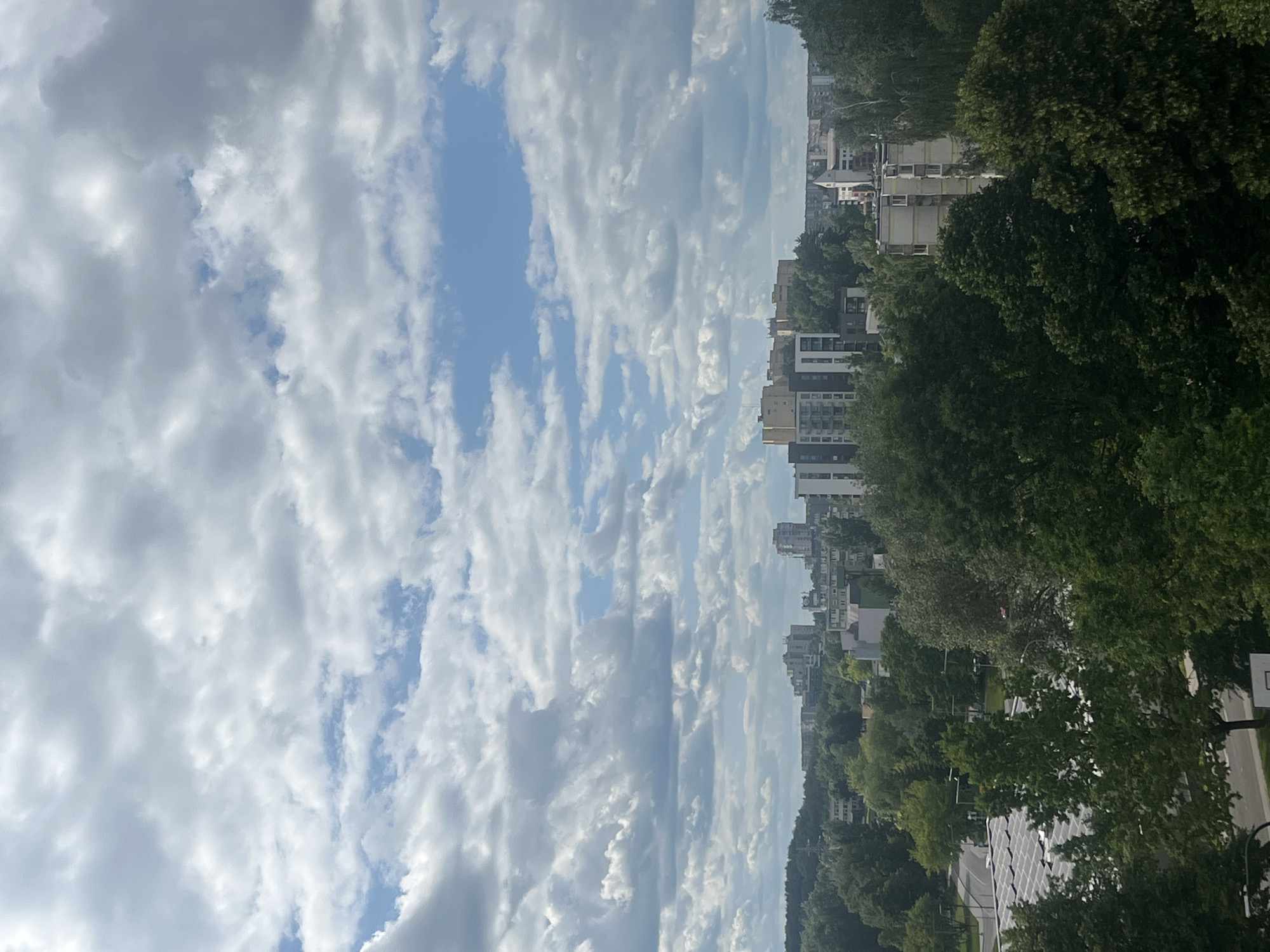 The image is a vertical shot of a cityscape on a cloudy day. In the foreground, lush green trees line a street, obscuring some of the buildings. Beyond the trees, several modern, multi-story buildings are visible, some with balconies and large windows. The sky is filled with dramatic, white and gray clouds, with patches of blue sky peeking through. The overall impression is one of an urban environment bathed in natural light. The orientation of the photo suggests it might have been taken from a high vantage point.