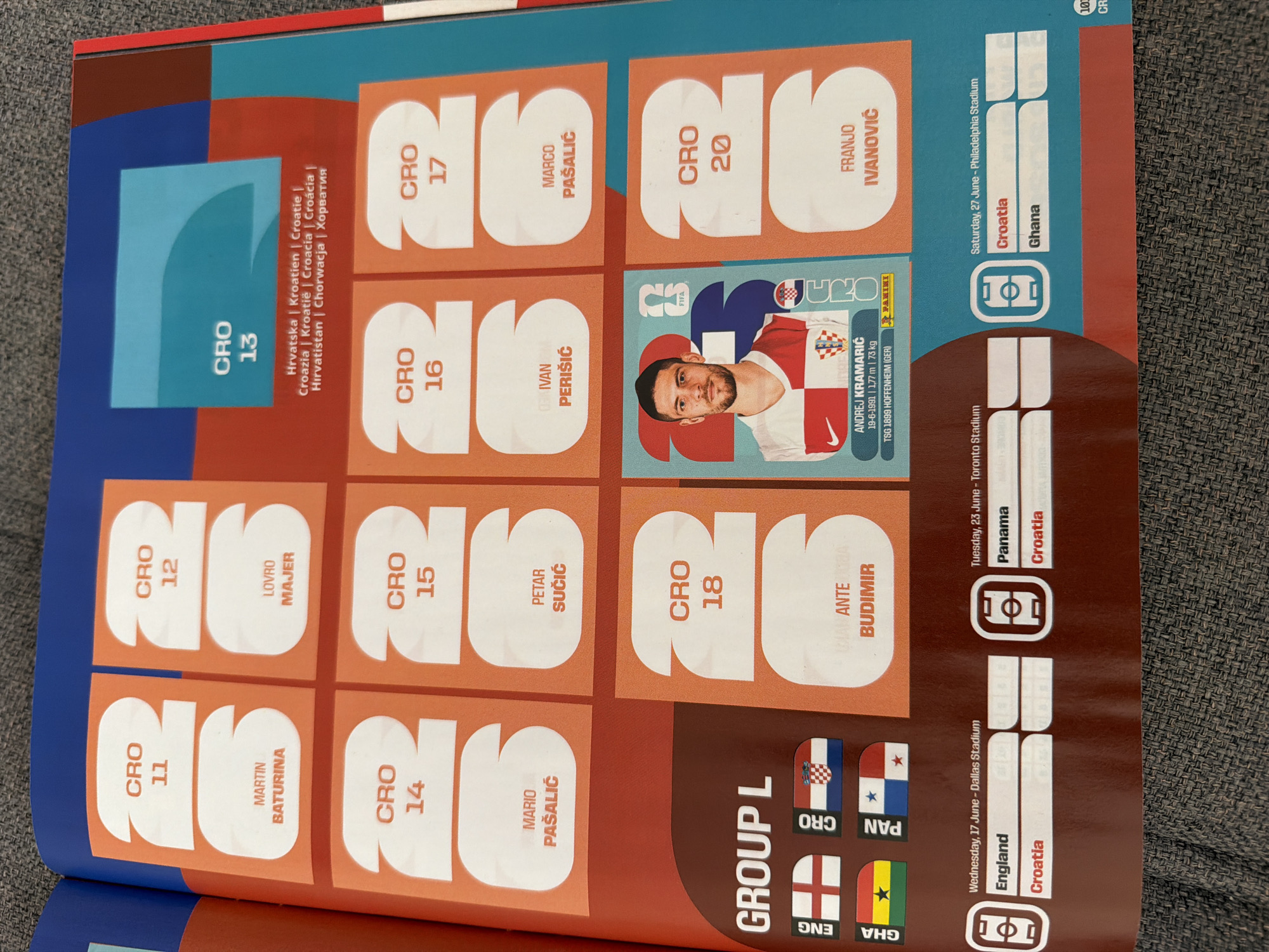 This image is a close-up, overhead view of an open sticker album, likely depicting football (soccer) players and team information. The album is open to a page that features several stickers with "CRO" indicating Croatia, along with player numbers and names. Specifically, stickers for CRO 11 (MARTIN BATURINA), CRO 12 (LOVRO MAJER), CRO 14 (MARIO PAŠALIĆ), CRO 15 (PETAR SUČIĆ), CRO 16 (IVAN PERIŠIĆ), CRO 17 (MARCO PAŠALIĆ), CRO 18 (BUDIMIR), and CRO 20 (FRANJO IVANOVIĆ) are visible. There is also a larger sticker featuring a portrait of ANDREJ KRAMARIĆ, with his details and club affiliation. In the lower section of the page, "GROUP L" is labeled, with flags for England (ENG), Ghana (GHA), and Croatia (CRO) displayed, along with match schedules. The album page has a glossy finish and is resting on a textured, grey fabric surface, possibly a sofa or bed. The background of the image is slightly blurred, but appears to be a room interior. There is no information or visual evidence to suggest the image was taken in Zlatitrap, Bulgaria.