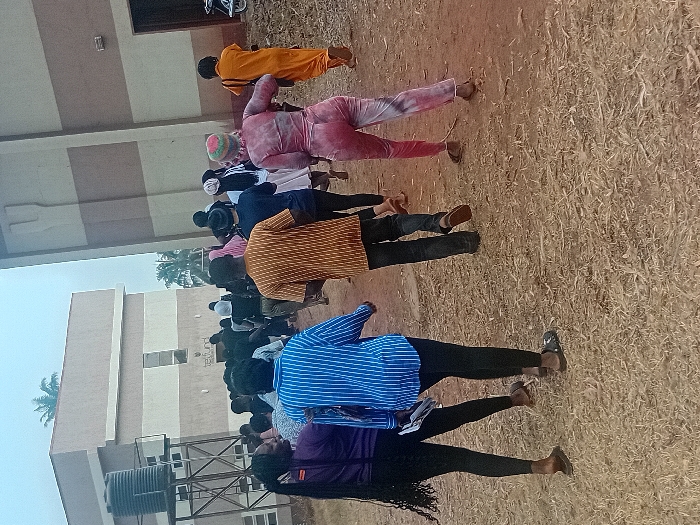 The image displays a group of approximately fifteen individuals walking away from the camera on a dry, unpaved reddish-brown path with sparse vegetation in Ayangba, Nigeria.
To the left, a multi-story building with alternating light and dark beige horizontal stripes is visible. A large black water tank on a metal stand is positioned in front of this building. A sign on its facade reads "TetFund." A palm tree is partially visible above and behind this structure.
To the right, a taller, multi-story building features alternating light and dark beige vertical stripes. A large, stylized emblem is present on its upper facade, and an open doorway is visible on its right side. A white motorbike is partially visible behind the doorway.
In the foreground, two females walk left-to-right. One, with long dark braided hair, wears a purple long-sleeved top and black leggings, with dark flip-flops, looking to her left and smiling. Adjacent, a female wears a blue and white vertically striped long-sleeved shirt, black leggings, and dark sandals, holding white papers in her left hand.
Further into the scene, a male wearing a brown and yellow striped short-sleeved shirt and dark pants walks away. To his right, a person in a pink, red, and white tie-dye full-body garment and a matching head covering moves in the same direction. The remaining individuals in the mid-ground and background are dressed in various casual attire, including dark, light, and an orange full-body garment on the far right. The overall lighting is diffused.